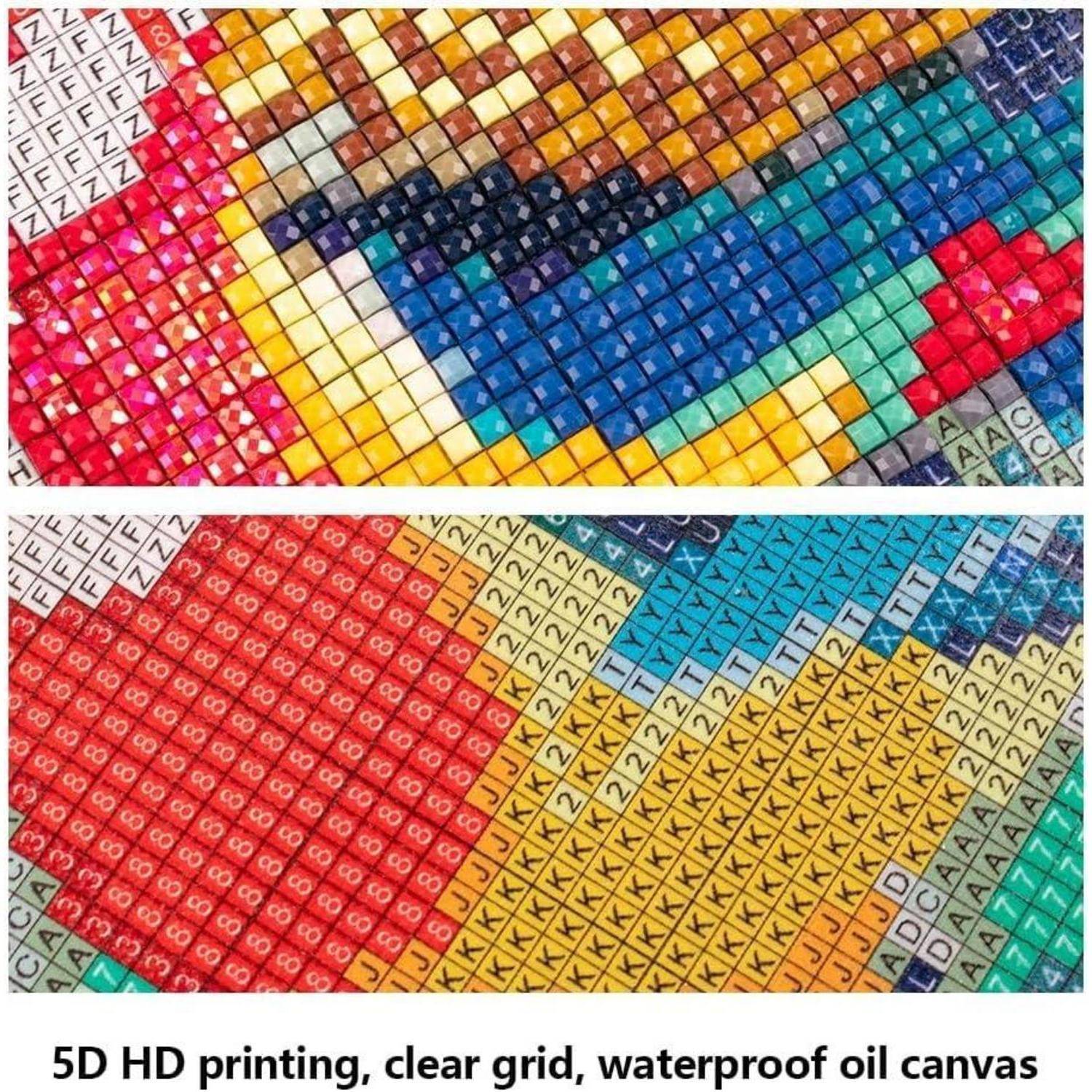 Zwei farbenfrohe Nahaufnahmen von Diamantmalerei zeigen facettierte Gittermuster und Buchstabensymbole auf einer bedruckten Leinwand; die Bildunterschrift lautet „5D HD-Druck, klares Gitter, wasserfeste Ölmalerei-Leinwand