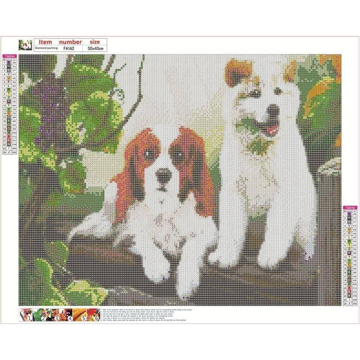 Diamantmalerei-Muster zeigt zwei Hunde, einen weiß-braunen Hund und einen weißen Hund, die nebeneinander sitzen, mit grünem Laubwerk im Hintergrund und Artikeldetails oben.