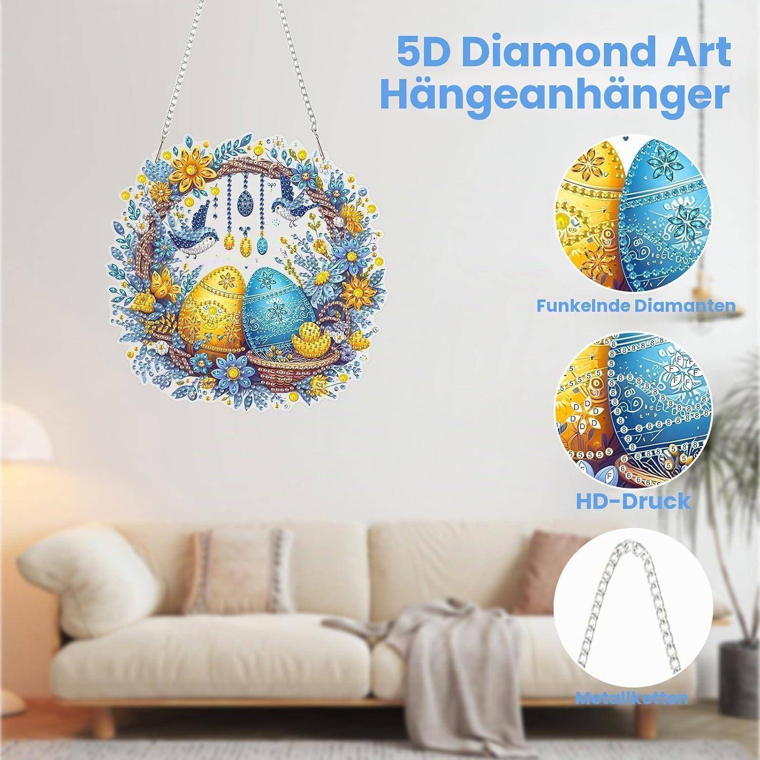 Anzeige zeigt ein farbenfohes 5D-Diamantkunst-Wandbild, ein rundes Blumenkorbdesign mit hängenden Diamanten, sowie Nahaufnahmen mit den Beschriftungen 'Funkelnde Diamanten', 'HD-Druck' und Metallkette.