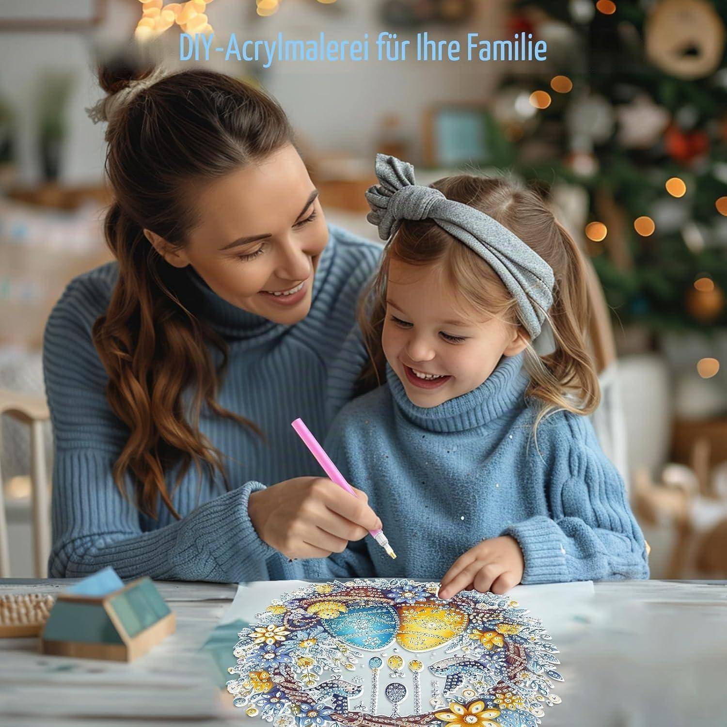 Mutter und kleine Tochter malen gemeinsam ein farbenfrohes Acrylhandwerk an einem Tisch, mit dem Text „DIY-Acrylmalerei für Ihre Familie