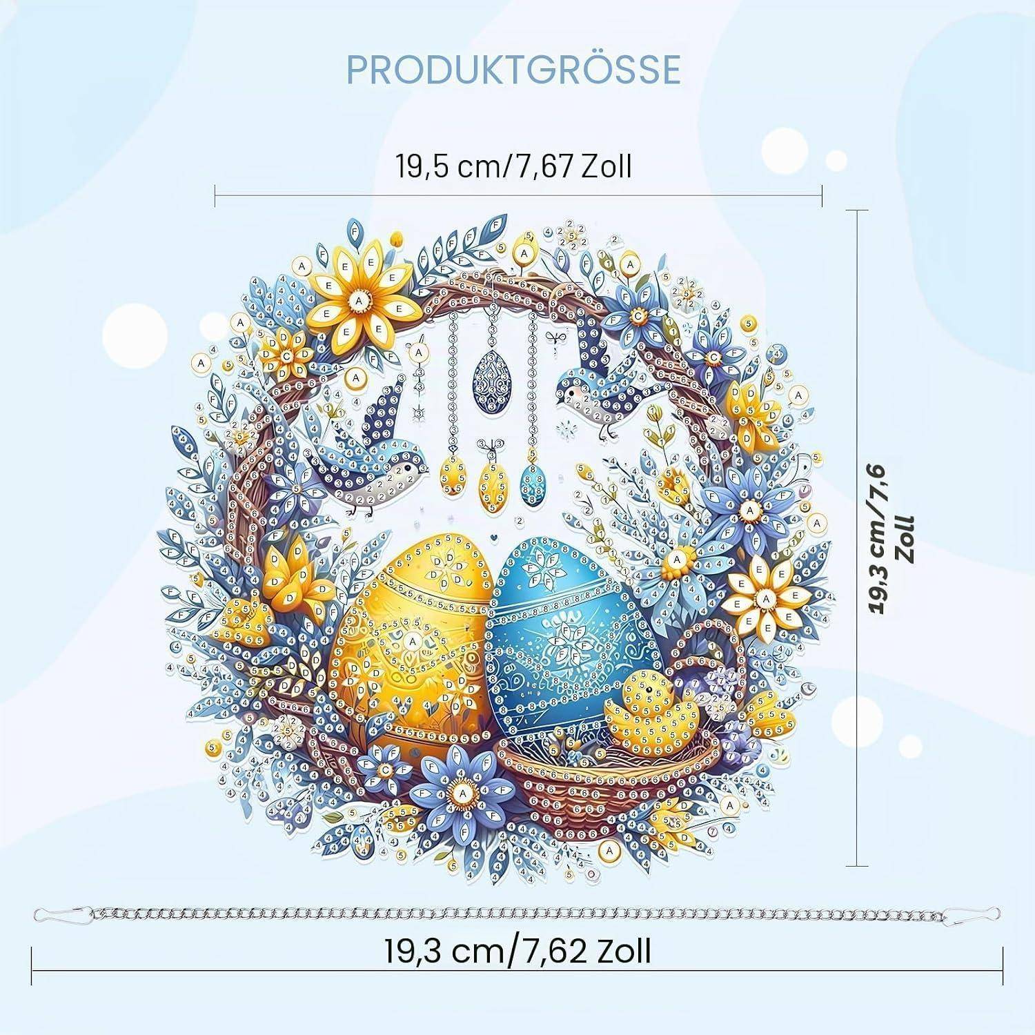 Diagramm der Produktgröße zeigt einen runden Osterkranz mit zwei gemusterten Eiern und Vögeln, beschriftet mit „PRODUKTGRÖSSE