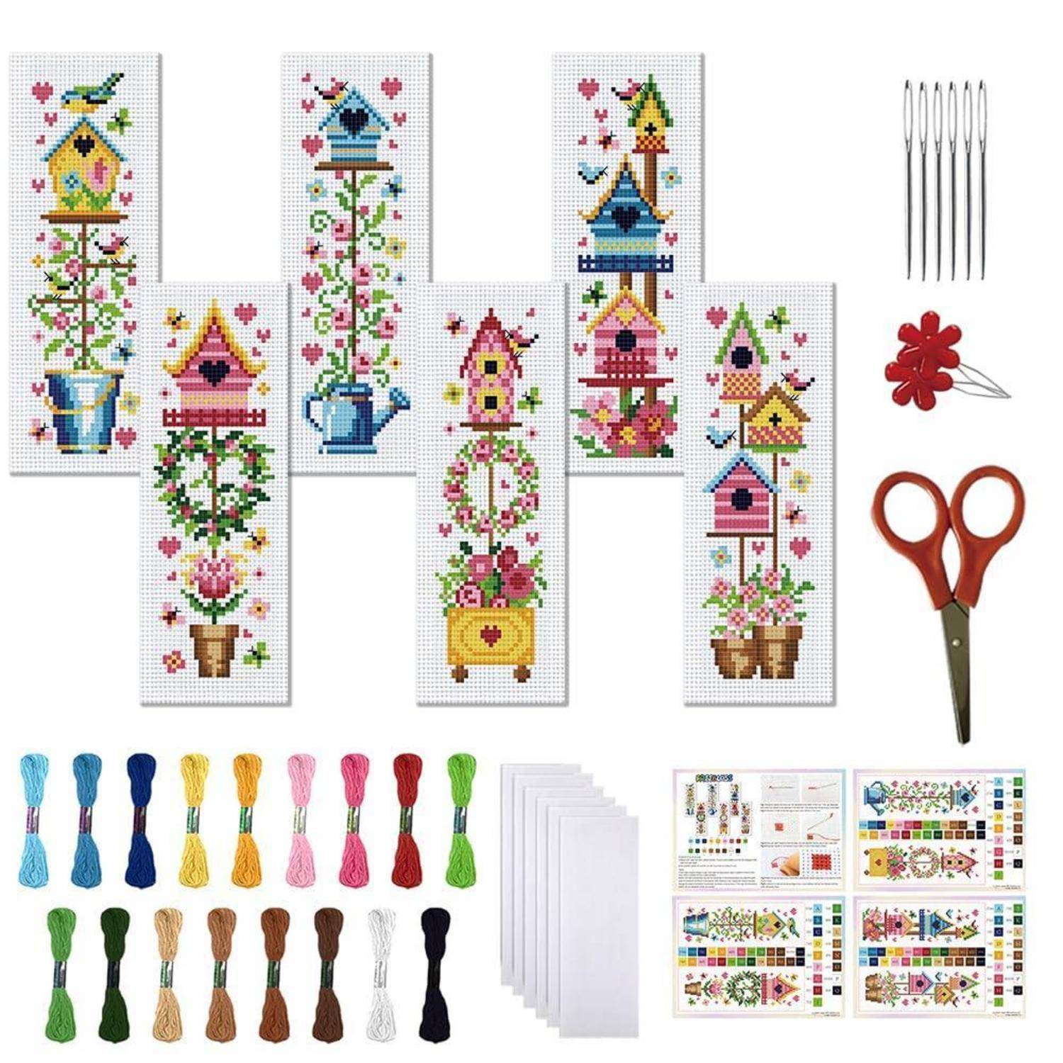 Cross-Stitch-Set mit sechs Vogelhaus-Blüten-Lesezeichen-Mustern, plus Stickgarn, Nadeln, Schere, Filzblume, leere Stoffstücke und Musteranleitungen.