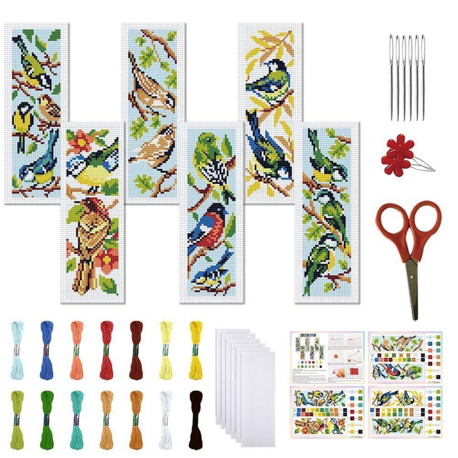 Kreuzstich-Set mit sieben Vogel-Lesezeichen-Mustern, Fadenbündeln, Nadeln, Schere, Blumenstecknadelmkissen, leeren Stoffblättern und Anleitungsseiten.