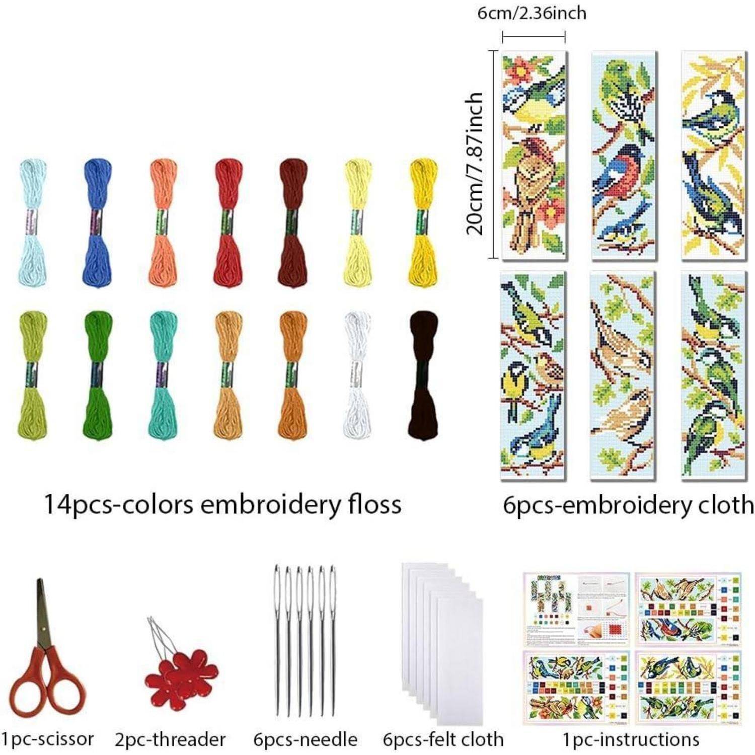 Stickerei-Set mit 14 Farben Stickgarn, 6 gemusterten Stoffstücken, Schere, 2 Einfädlern, 6 Nadeln, Filzstoff und Anleitung.