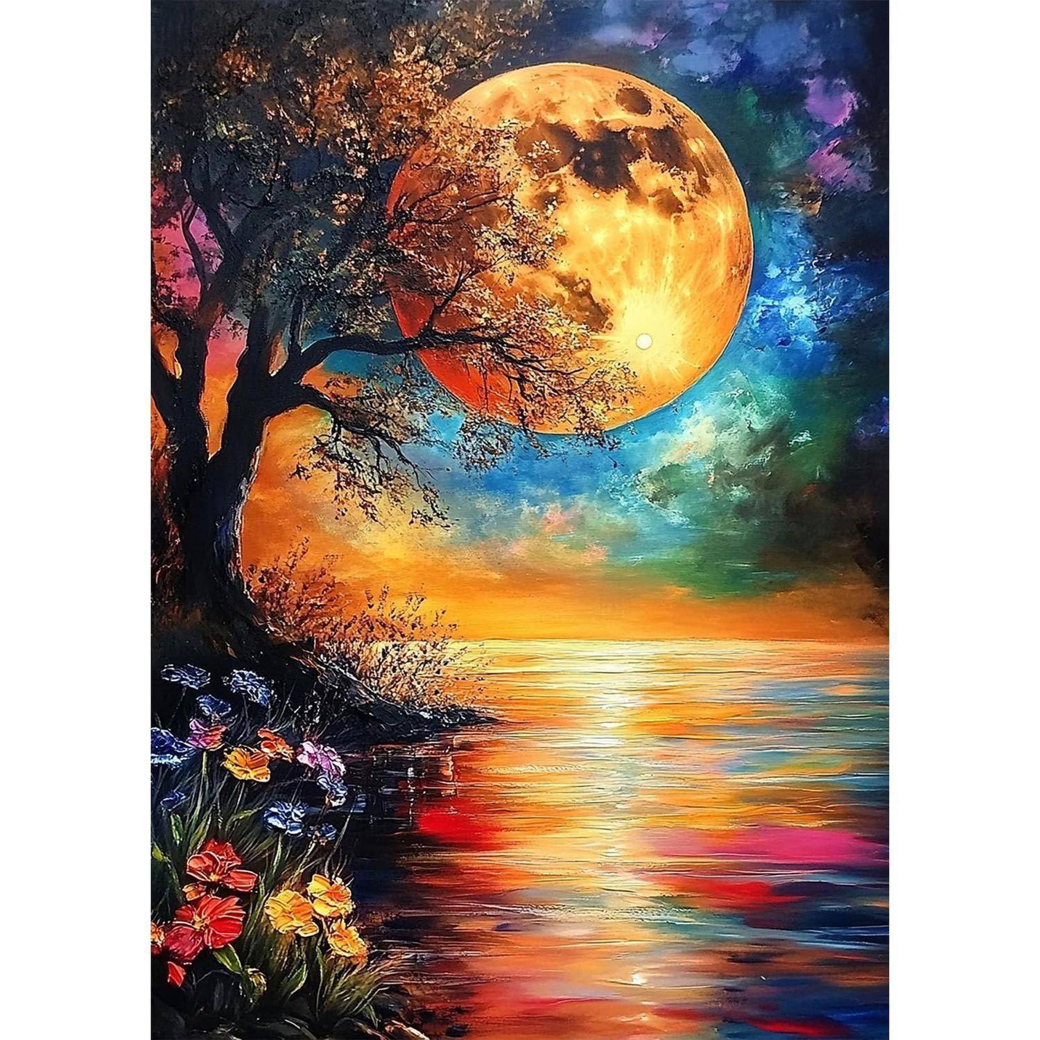 Ein farbenfrohes Gemälde eines silhouettierten Baumes am Wasser bei Sonnenuntergang, mit einem großen leuchtenden Mond und Spiegelungen auf der ruhigen Oberfläche.