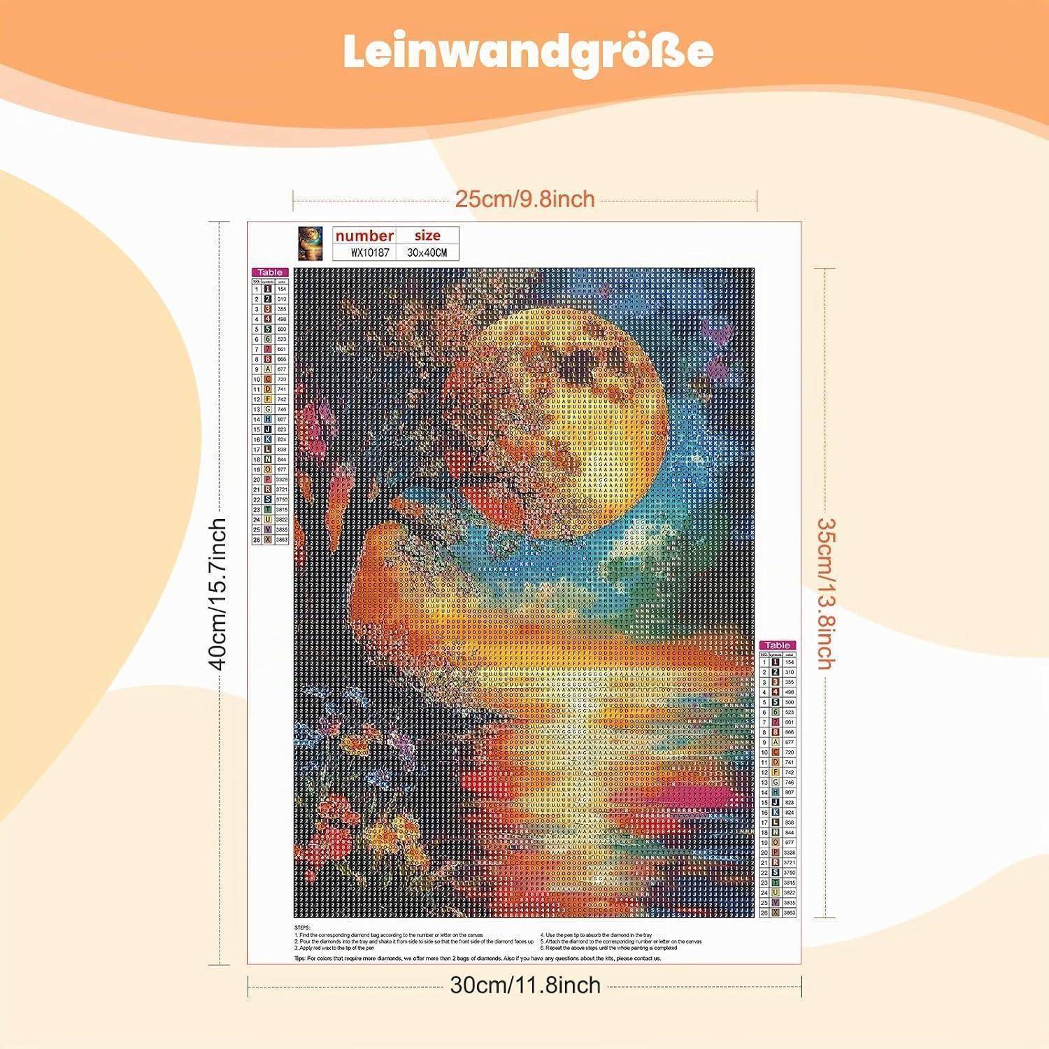 Diagramm, das die Leinwandgröße für ein Diamantmalerei-Set zeigt: 30 cm x 40 cm Bildbereich mit 25 cm x 35 cm bedrucktem Design, beschriftet mit „Leinwandgröße