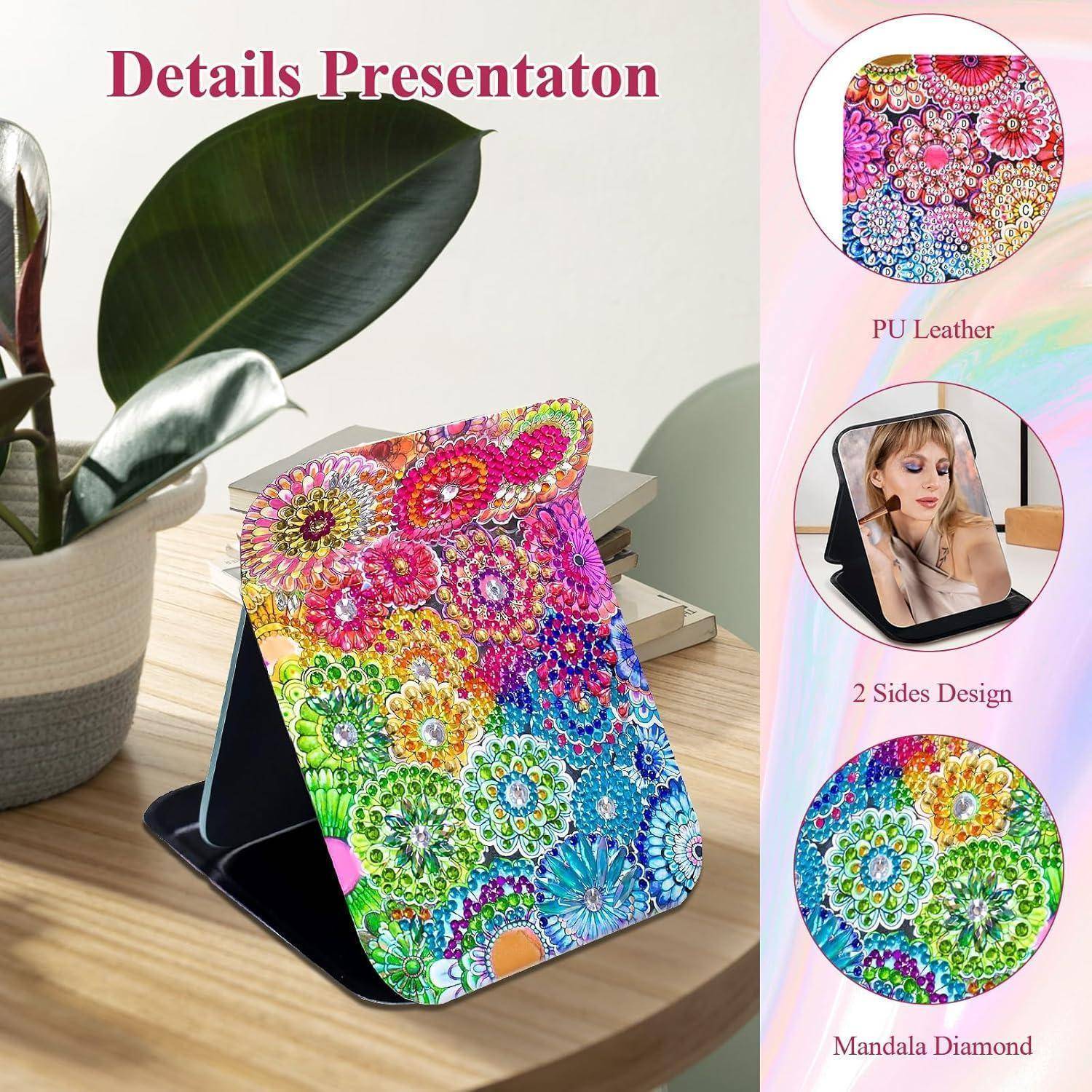 Farbenfrohe Mandala-Diamant-PU-Ledertablettenhülle in Standposition, mit seitlichen Beschriftungen, die das Material und das beidseitige Design hervorheben.