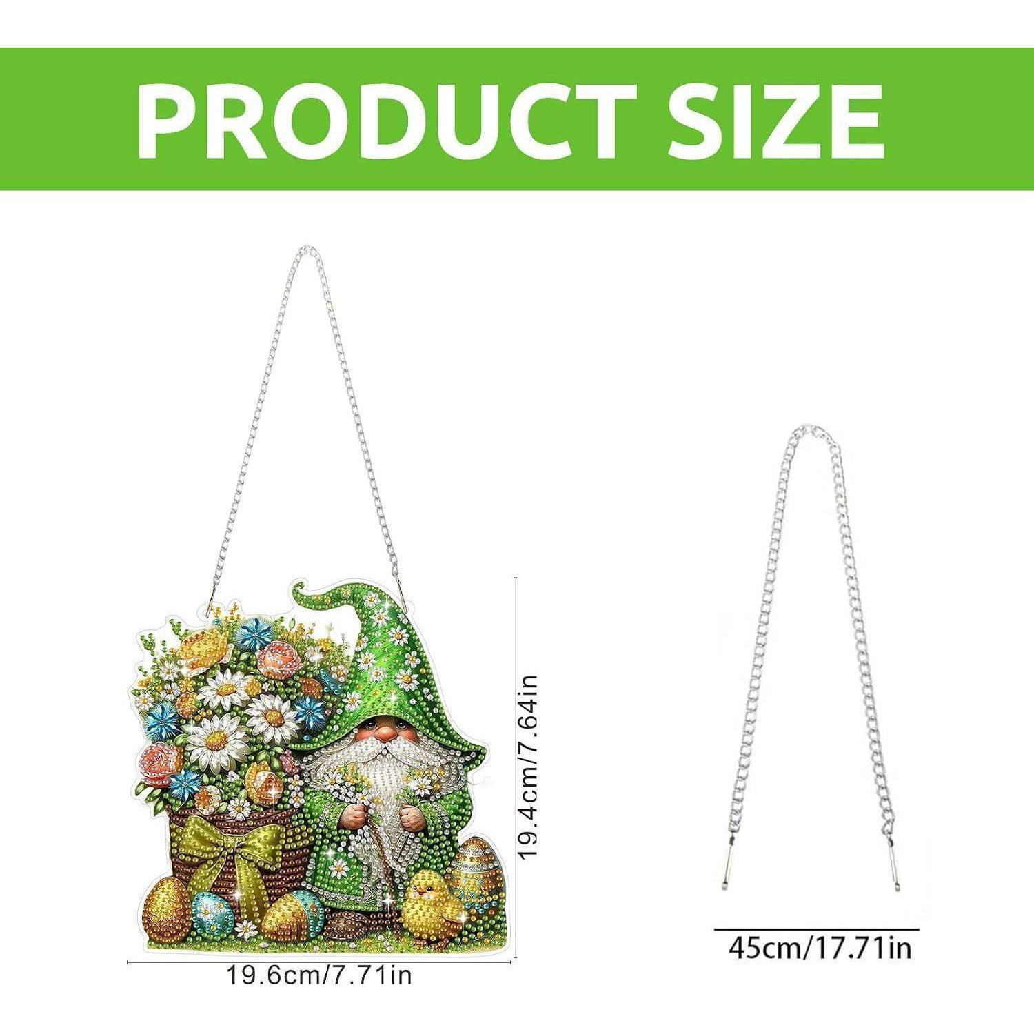 Produktgrößendiagramm mit einer dekorativen Gartenzwerg-Blumtasche mit Kettengurt, Breite 19,6 cm und Höhe 19,4 cm; Riemenlänge 45 cm.