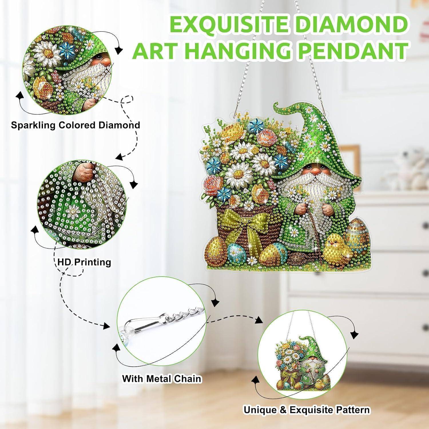 Diamantkunst-Hängependant mit Metallkette, dargestellt in einem blumenbedeckten grünen Gnomondesign; eingefügte Beschriftungen heben funkelnde farbige Diamanten, HD-Druck und einzigartiges Muster hervor.