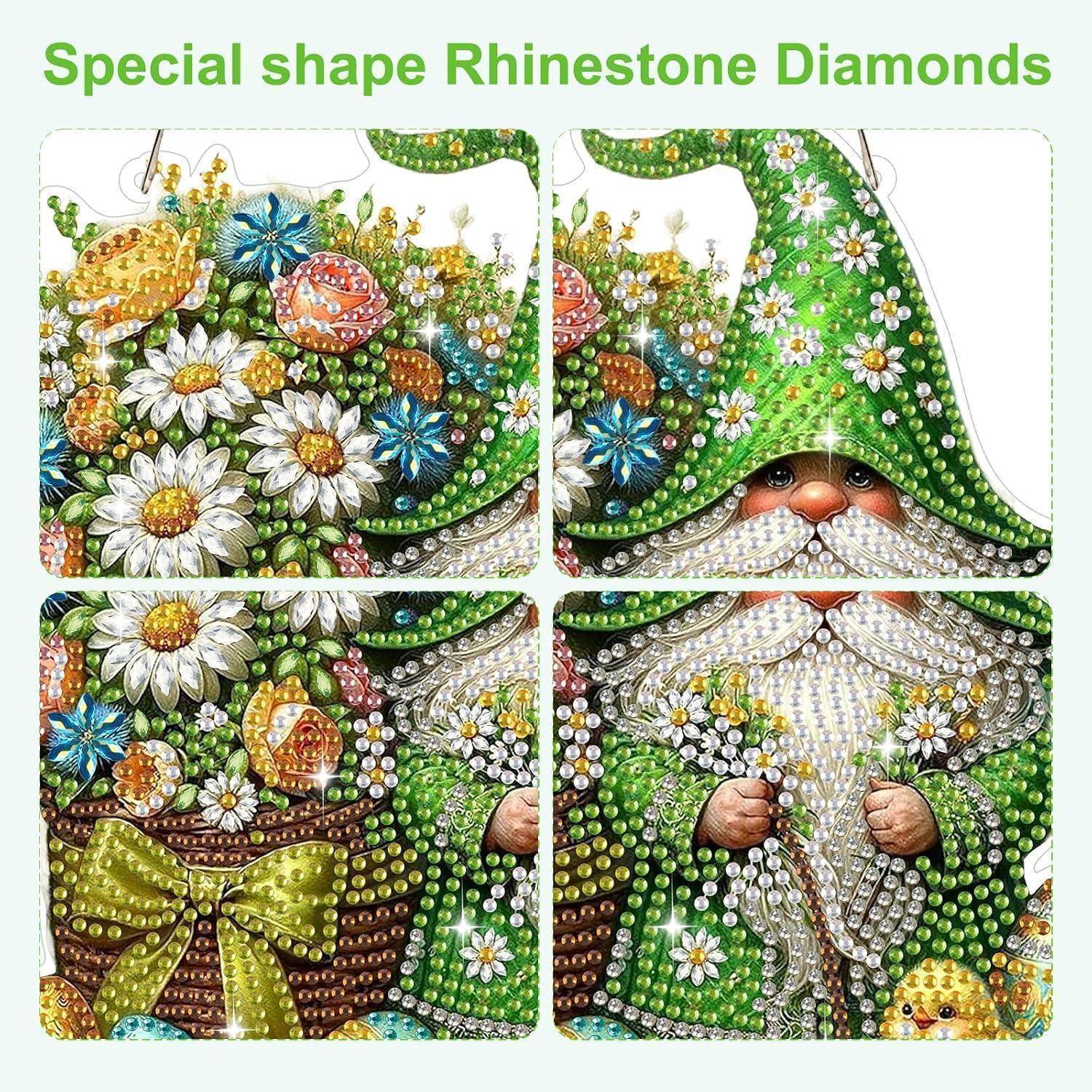 Vier Diamantmalerei-Designs eines Gartenzwergs mit Blumen und grünem Hut, mit der Bezeichnung „Special Shape Rhinestone Diamonds