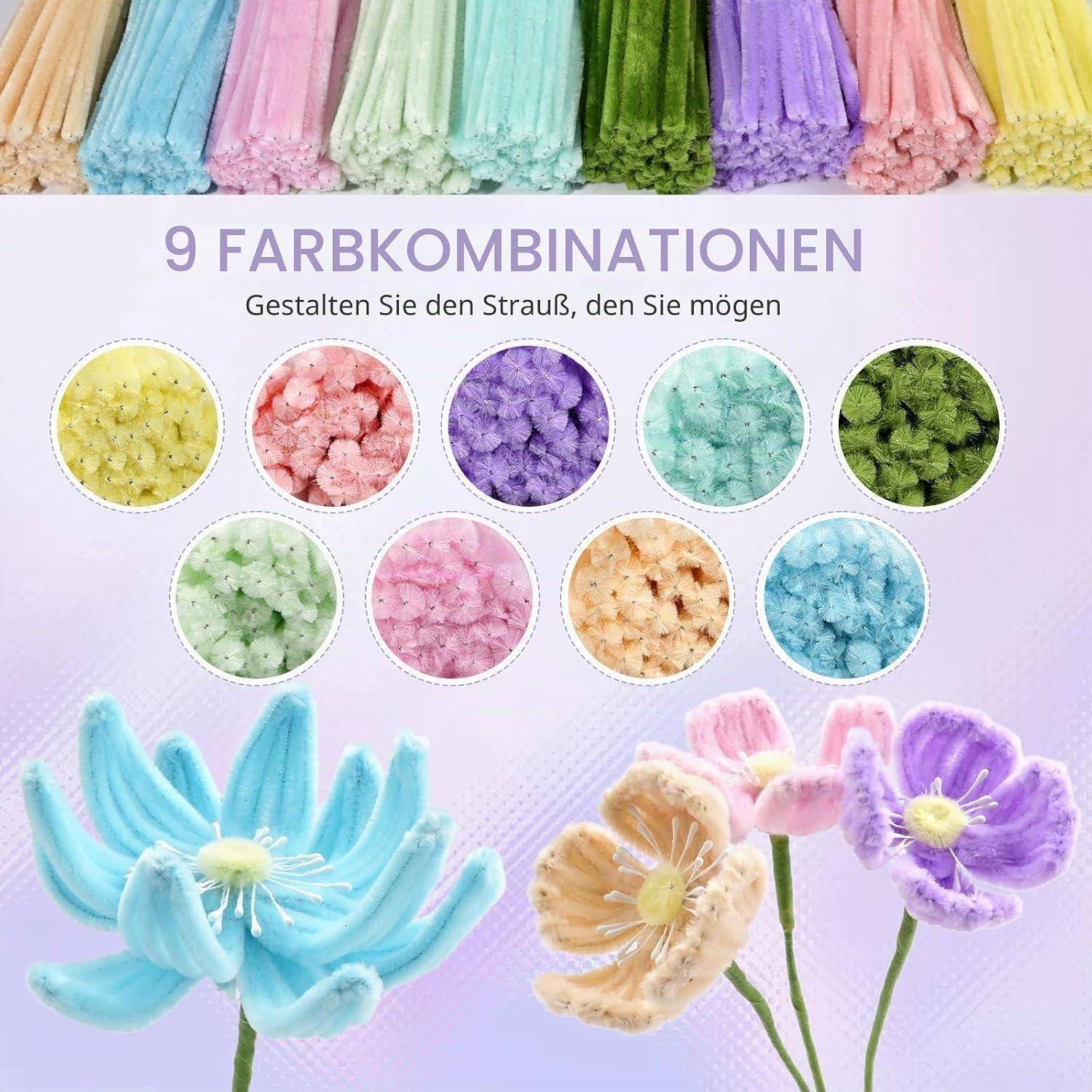 Morcheiong 480 Stück Pfeifenreiniger Set Chenille Stiele Blumen Bastelset für DIY Kunsthandwerk Zubehör - Rosa, Blau und Lila Serie Rosa Blau Lila