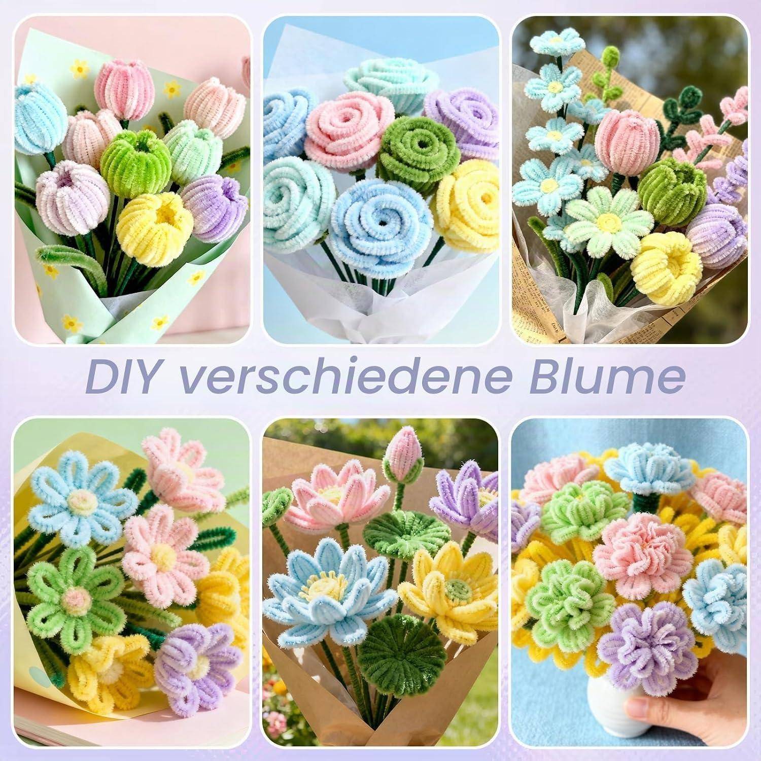 Collage aus farbenfrohen handgefertigten Häkelblumensträußen mit dem Text „DIY verschiedene Blume