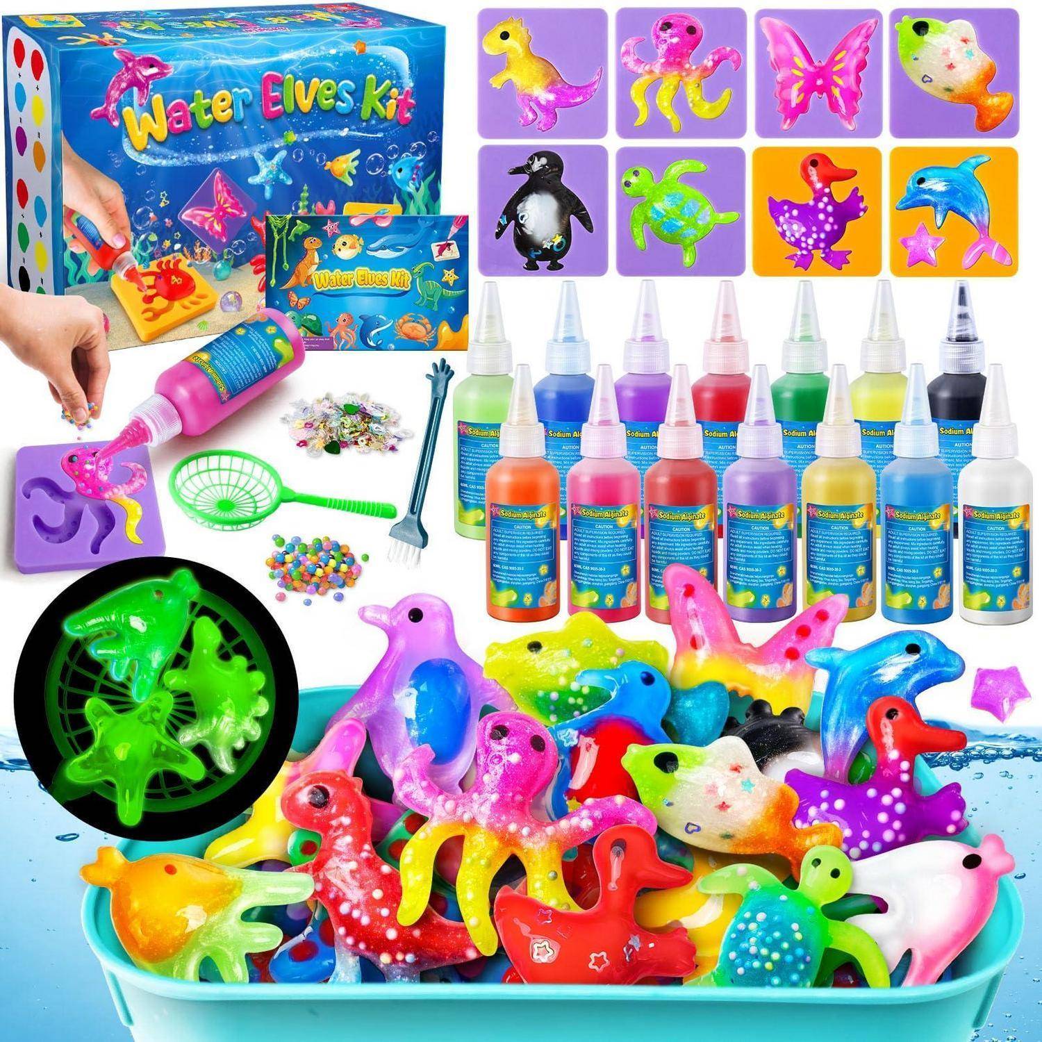 Wasser-Elfen-Bastelset mit farbigen Farben, Werkzeugen, Formen und fertigen leuchtenden Spielzeugfiguren wie Dinosaurier, Fisch, Pinguin, Schmetterling und Oktopus.