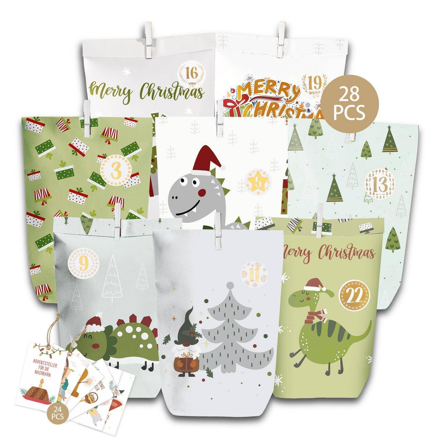 Satz aus 28 Weihnachts-Geschenkpapiertüten und -boxen mit festlichen Dinosaurier-, Baum- und 