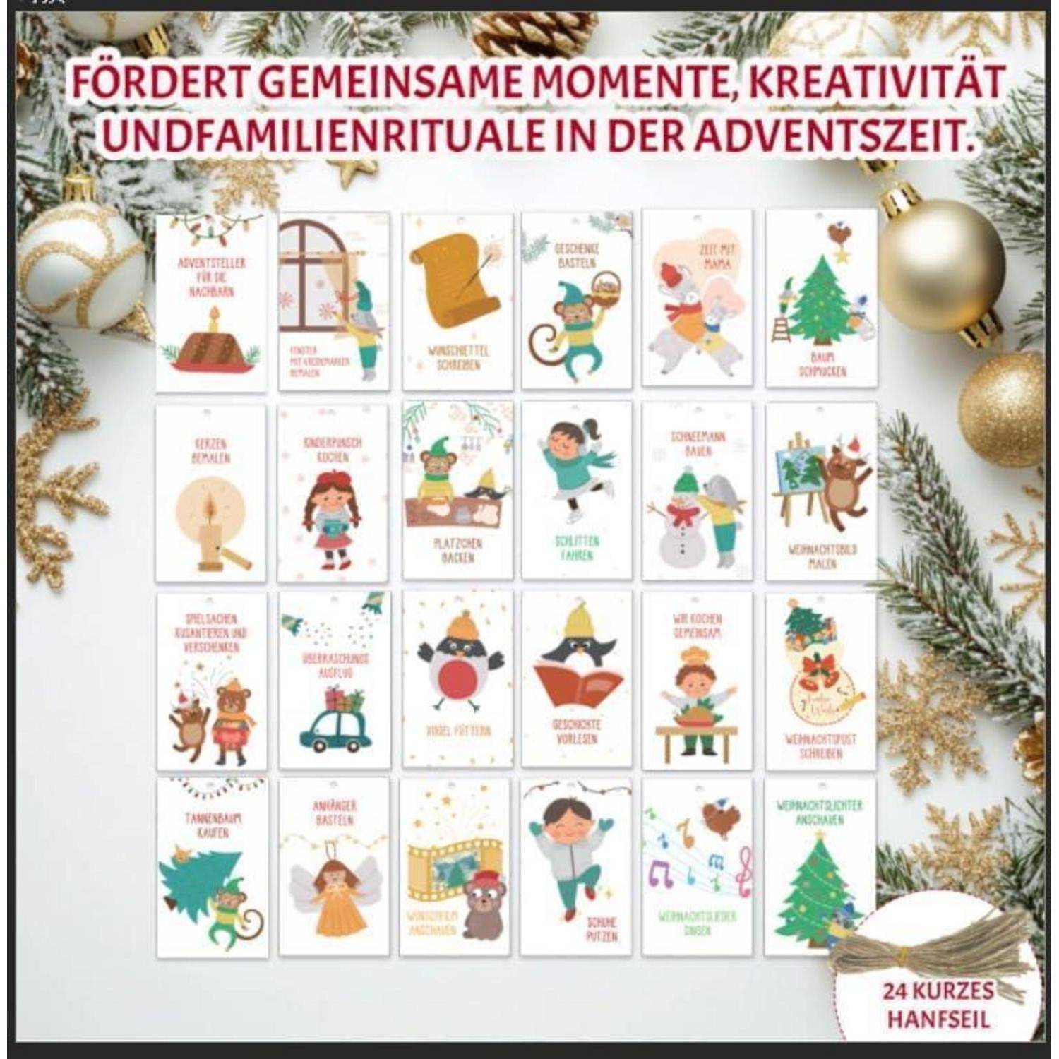 Adventskalender Set zum Selbstbefüllen – 28 Papiertüten mit 2 Bögen Zahlenaufklebern, 26 Holzklammern und Juteschnur Dinosaurier + Karten