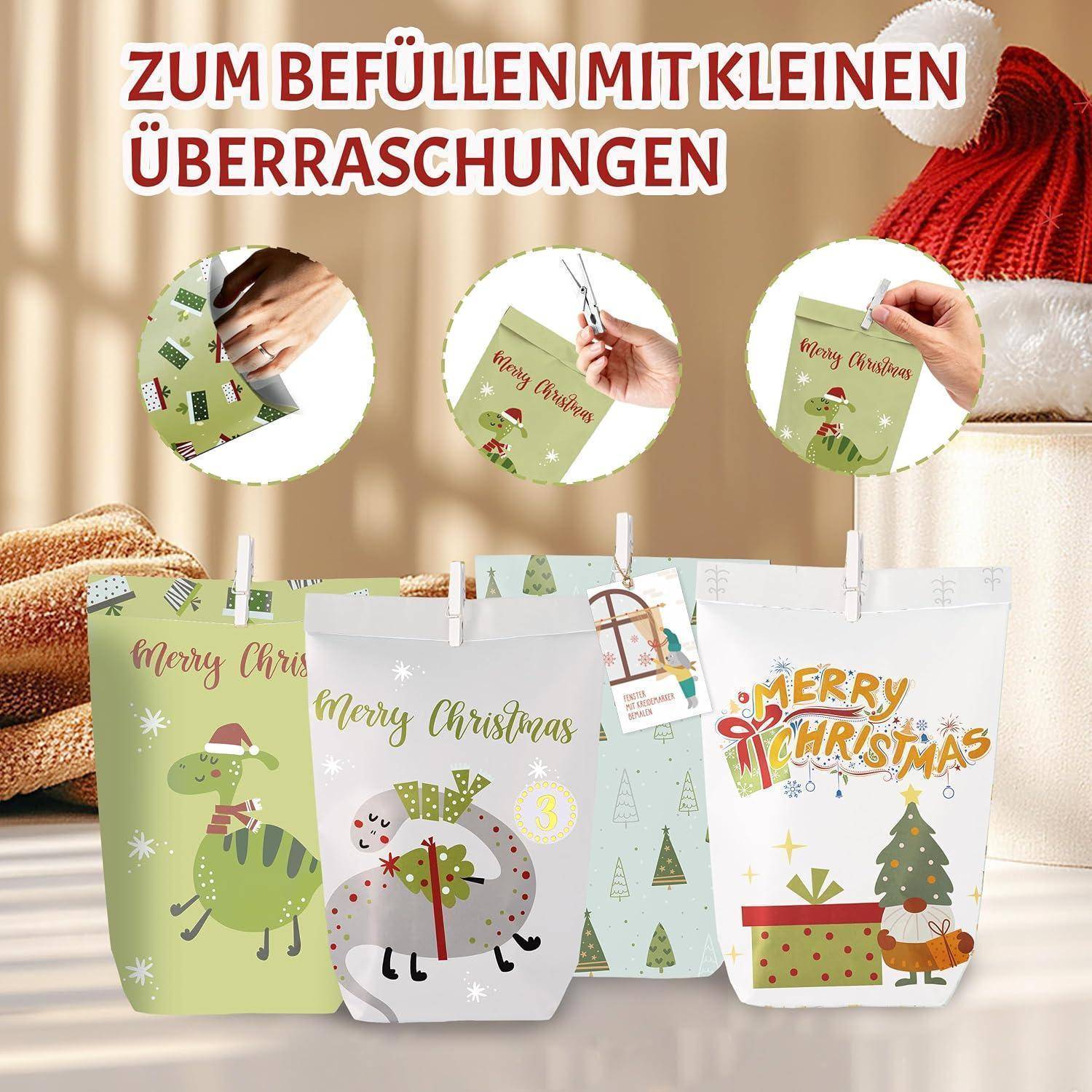 Adventskalender Set zum Selbstbefüllen – 28 Papiertüten mit 2 Bögen Zahlenaufklebern, 26 Holzklammern und Juteschnur Dinosaurier + Karten