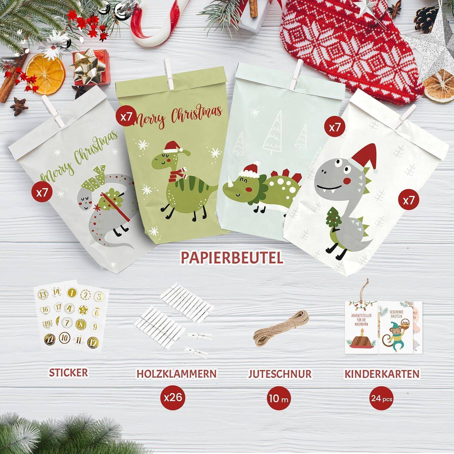 Weihnachtliches Papiertüten-Set mit vier bebilderten Taschen, beschriftet mit „PAPIERBEUTEL