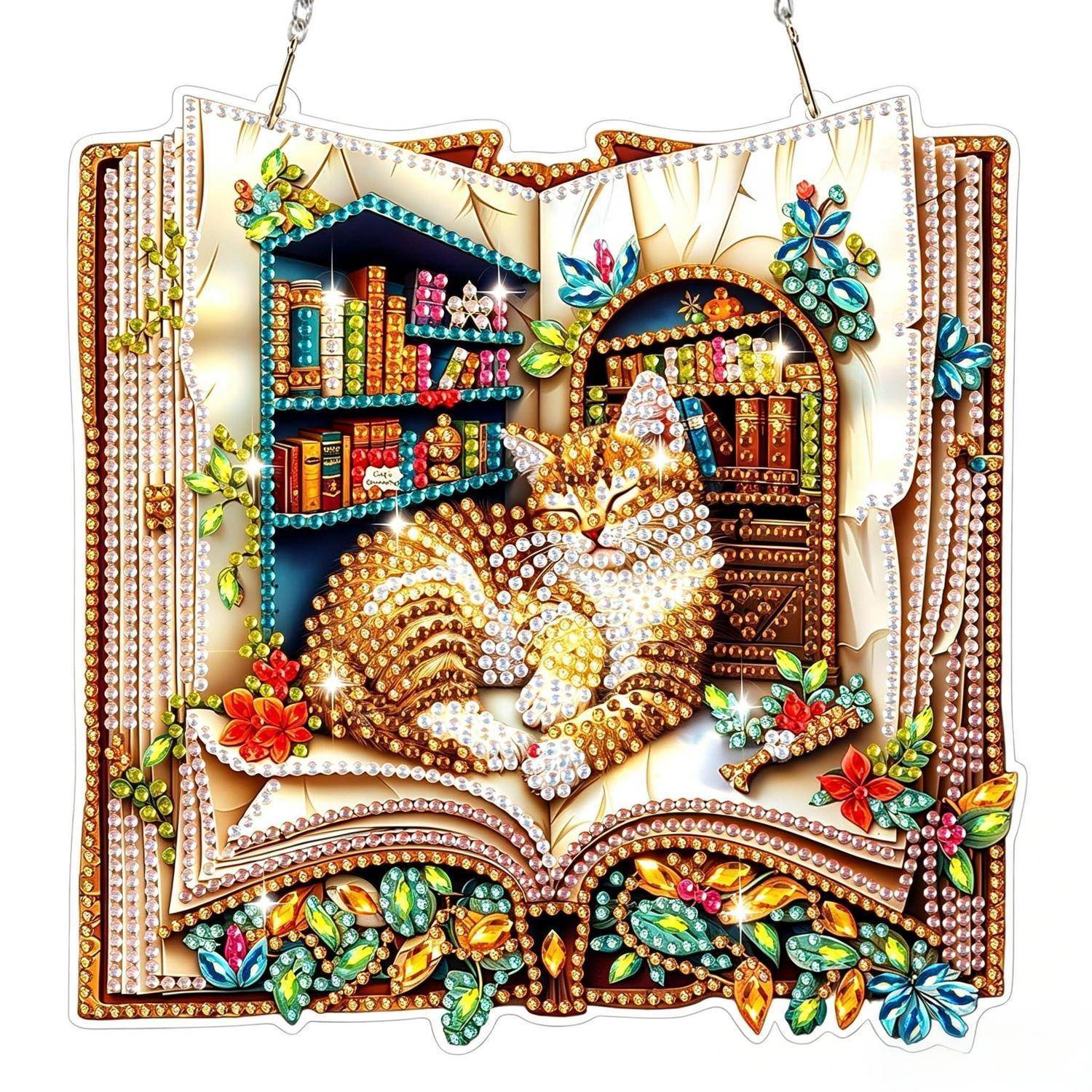 Dekorative, offene Buchillustration mit einer schlafenden Katze in der Mitte, umgeben von farbenfrohen Bücherregalen, Blumen und geschmückten Blattornamenten.