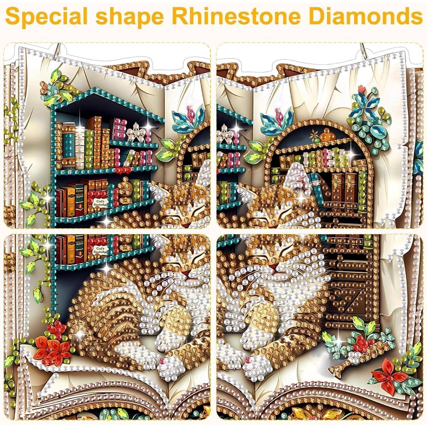 Vierpanel-Diamantmalerei eines dekorativen offenen Buches mit Bücherregalen, einem Bibliotheksbogen, Schwänen und Blumen, mit dem Titel „Special shape Rhinestone Diamonds".