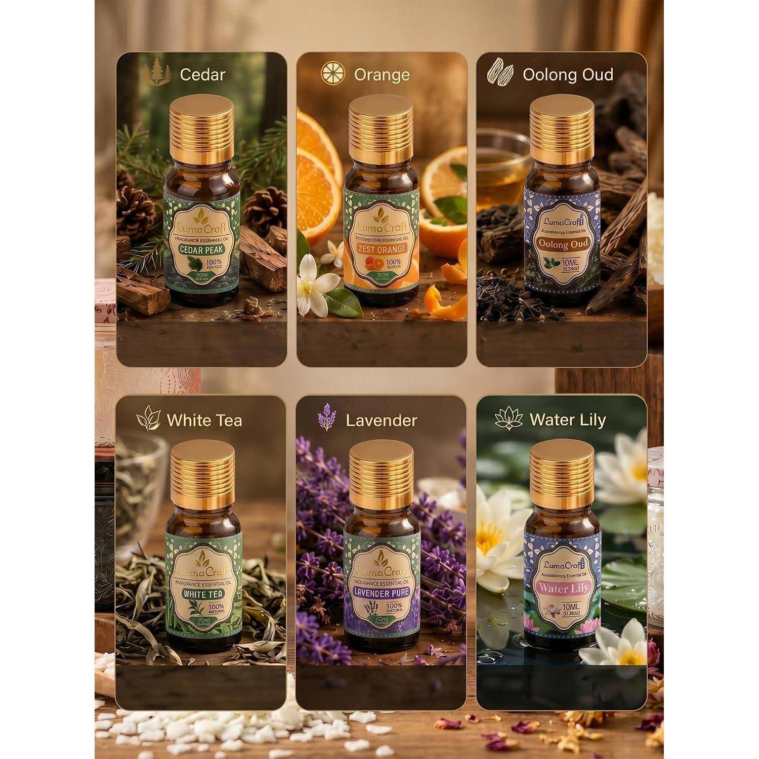 Sechs duftende Flaschenvariantenin einem 2x3-Raster dargestellt: Zeder, Orange, Oolong Oud, Weißer Tee, Lavendel und Seerose.