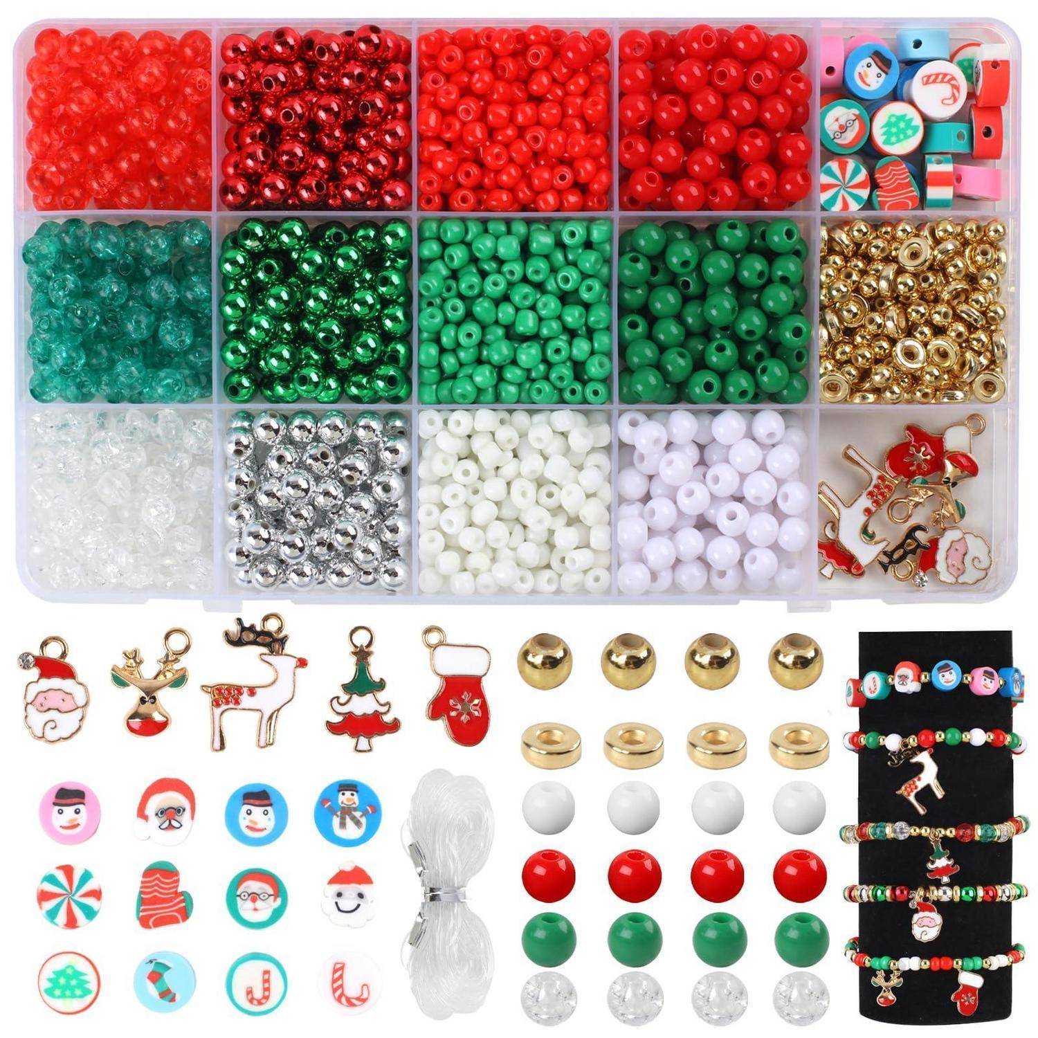 Maxmoc Weihnachten Perlen Bastelset für Kinder - Rot, Grün, Weiß Mit Weihnachtsanhänger,DIY Armband, Halskette, Dreadlock Basteln