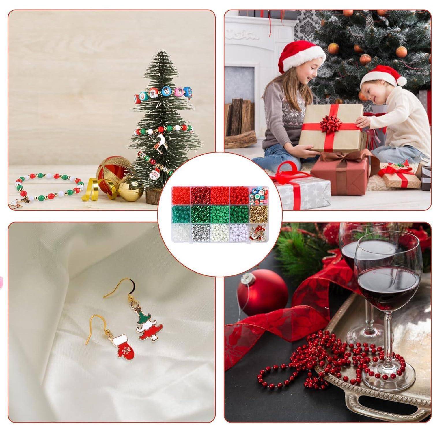 Maxmoc Weihnachten Perlen Bastelset für Kinder - Rot, Grün, Weiß Mit Weihnachtsanhänger,DIY Armband, Halskette, Dreadlock Basteln