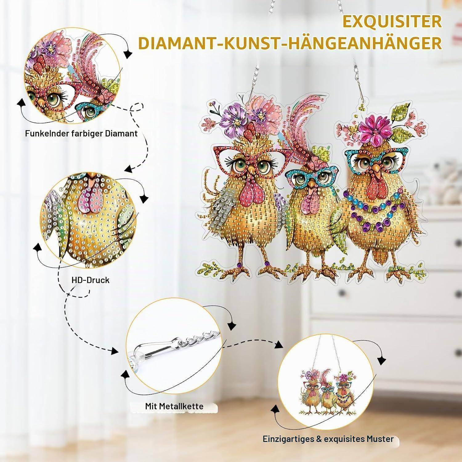 Bowetile Diamond Painting Anhänger Henne, Tier Diamond Painting Fensterbilder Erwachsene,Kinder Hängende Ornament Motive Bastelset für Fensterbilde