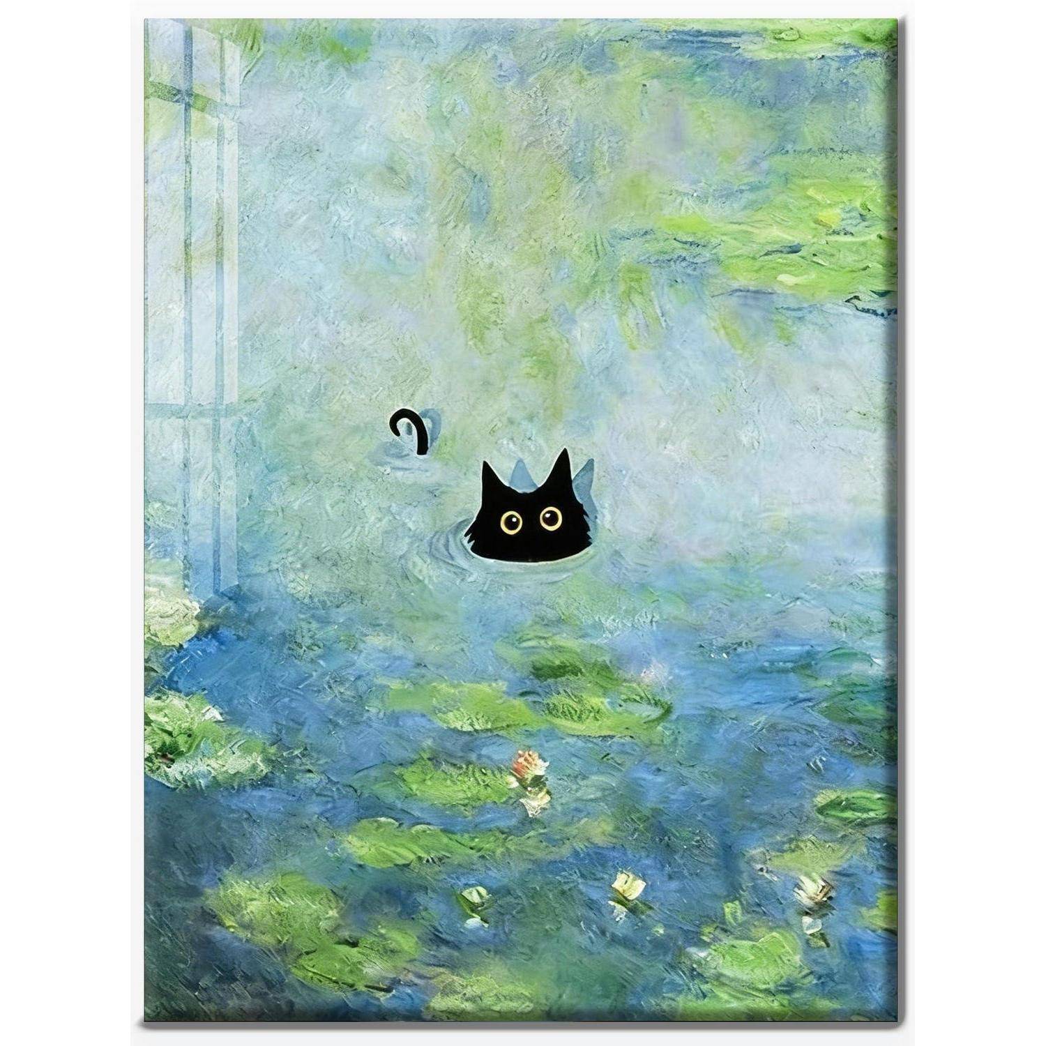 Eine schwarze Katze schaut aus einem blaugrünen Teich mit Seerosenblättern in einem Gemälde im impressionistischen Stil hervor.