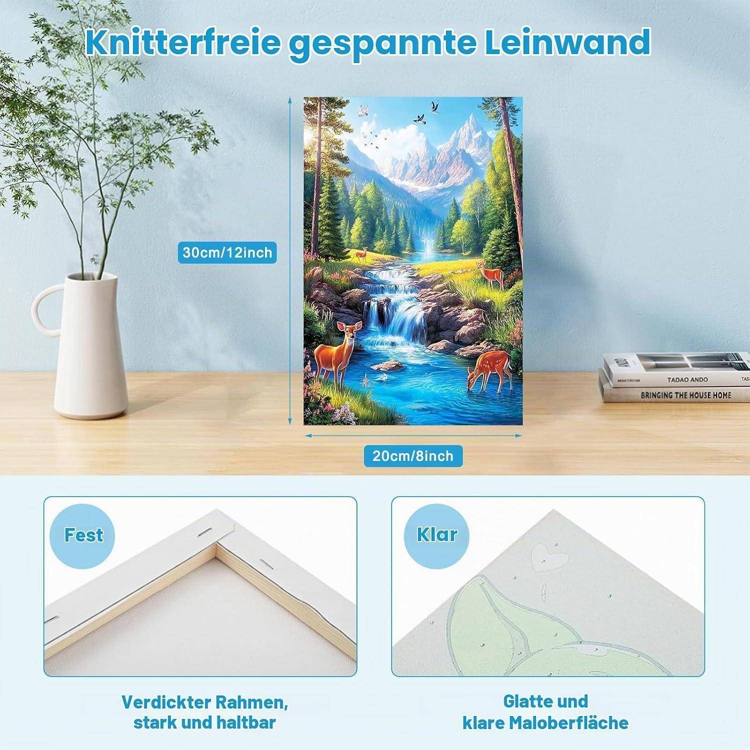 Produktanzeige mit einem 20x30 cm rahmenlosem gestrecktem Leinwanddruck auf einem Schreibtisch, mit Nahaufnahmen, die einen stabilen Rahmen und eine glatte Maloberfläche hervorheben.