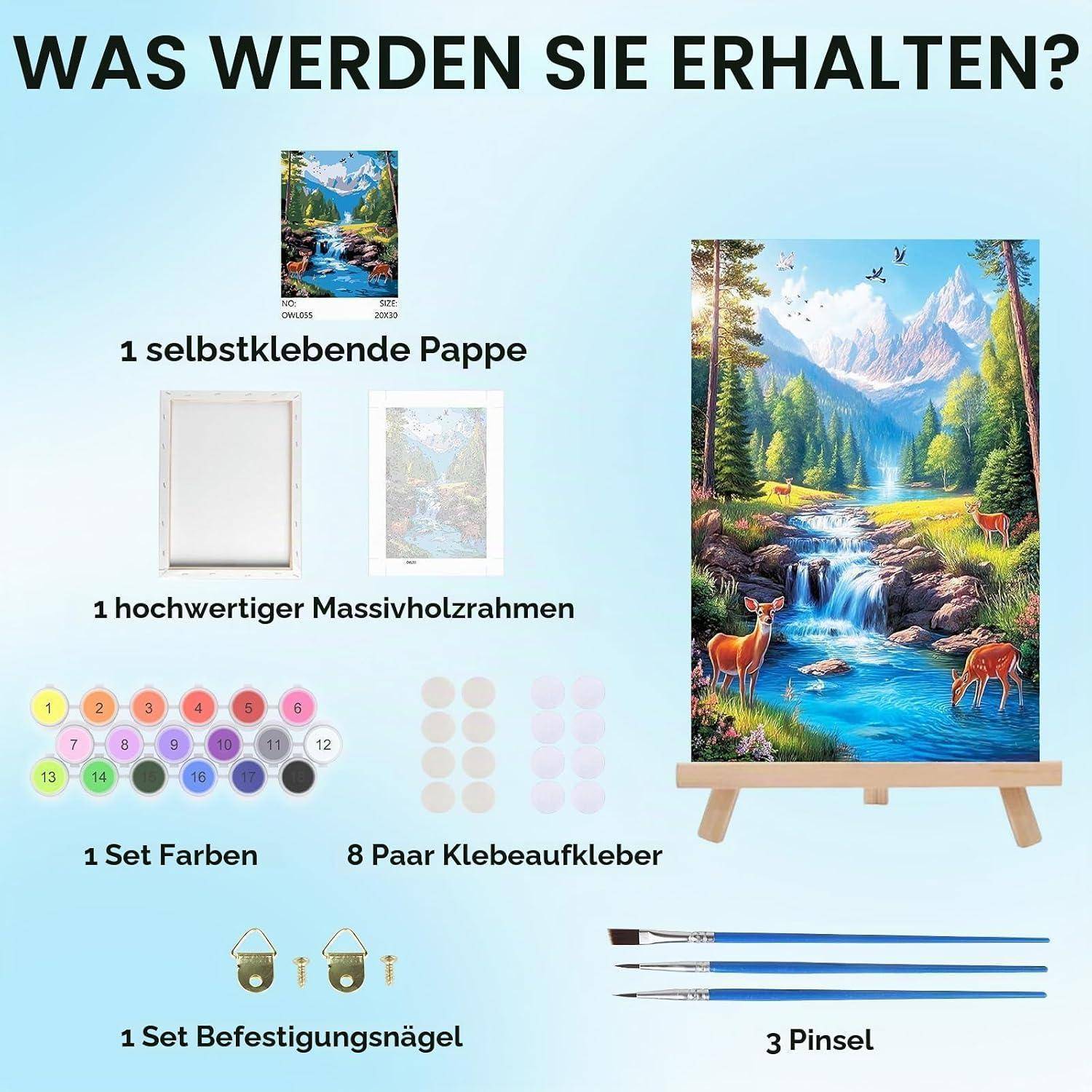Bowetile Flusslandschaft mit Dorf Malen nach Zahlen für Erwachsene mit Rahmen, Zahlenmalerei für Anfänger Leinwand Kit, Gemälde Bastelset auf Lein