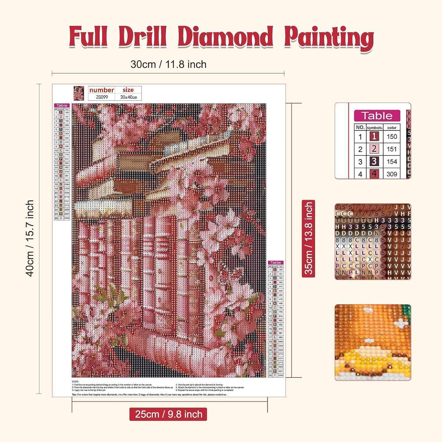 Produktabbildung mit einem vollständigen Drill-Diamantmalerei-Set: eine florale rosafarbene Pagoden-Szene, 30 cm x 40 cm, mit Farbtabelle, Symboltabelle und Beispiel-Drill-Nahaufnahmen.