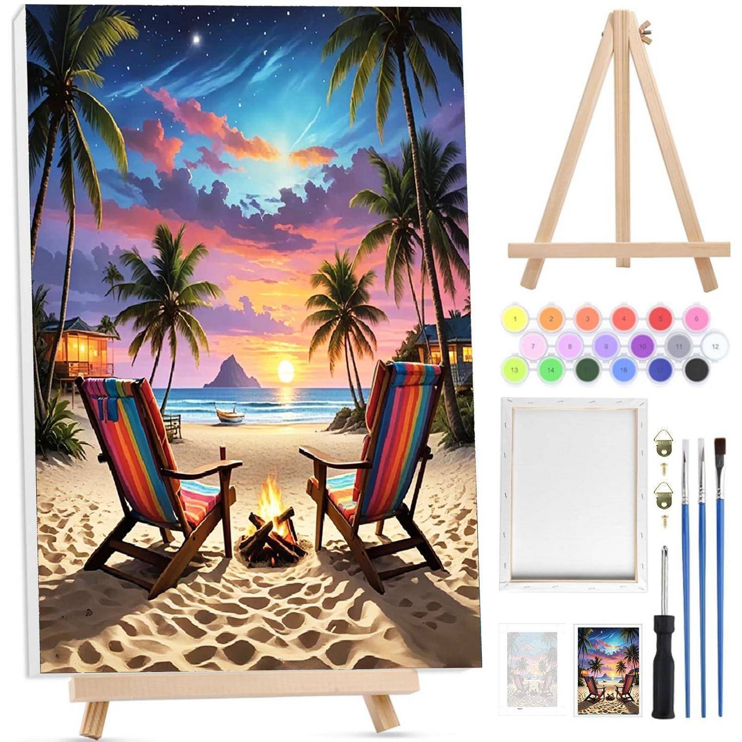 Gemälde eines Strandsuntergangs auf einer Staffelei, mit einem Malkasten, Pinseln, Palette, leerem Leinwand und daneben gezeigtem Referenzbild.