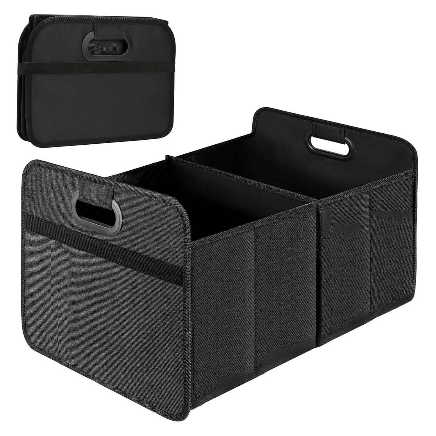 Schwarze faltbare Aufbewahrungsorganizer-Box mit Griffen, offen mit unterteilten Fächern und eingeklappte gefaltete Version im Inset dargestellt.