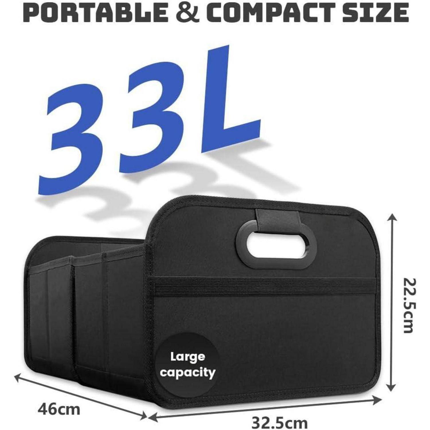 Tragbare kompakte schwarze Aufbewahrungstasche mit einer Kapazität von 33L, mit Tragegriff und den Abmessungen 46 cm Länge, 32,5 cm Breite und 22,5 cm Höhe.