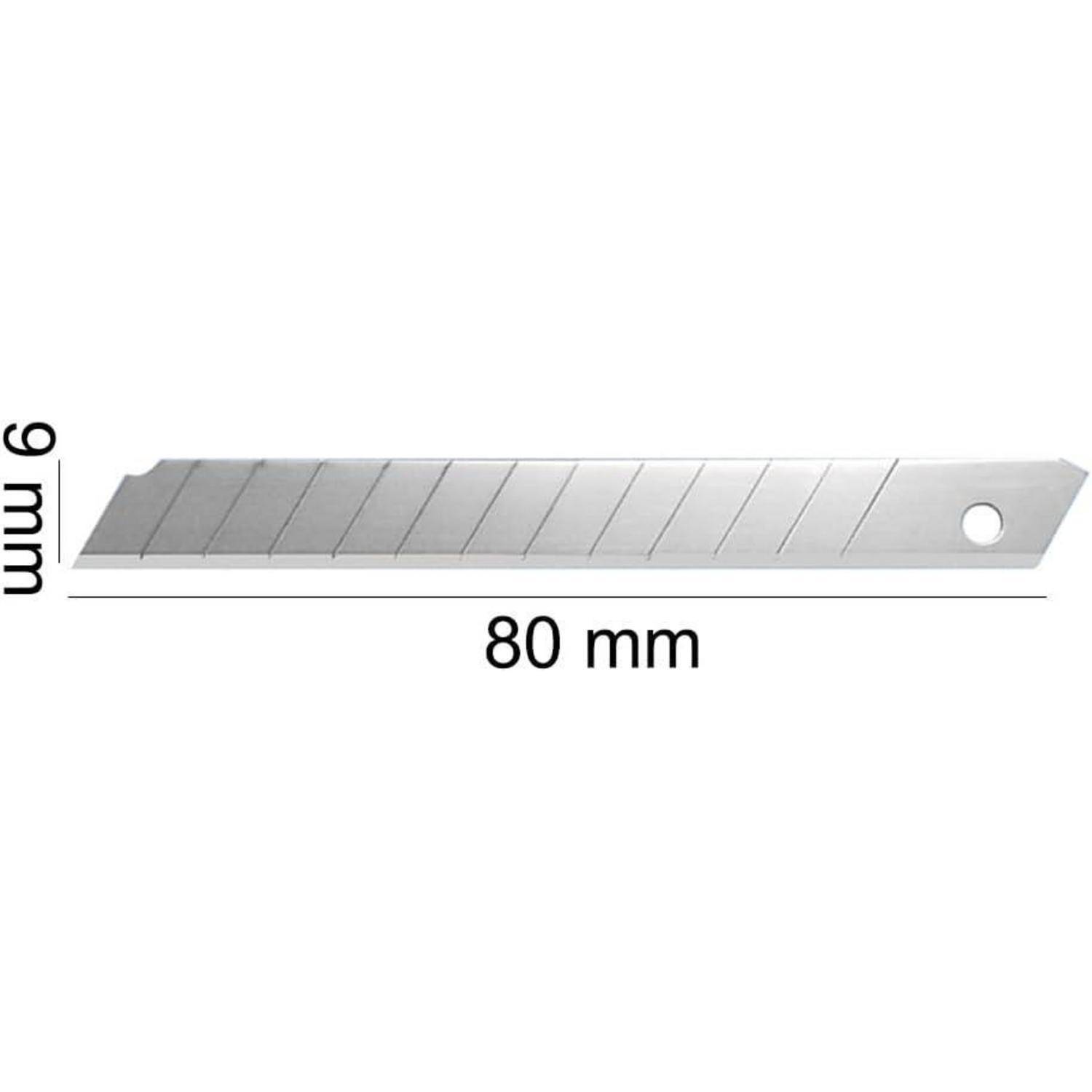 Silberne Universalmesserklinge, 80 mm lang und 9 mm breit, mit einem Loch in der Nähe eines Endes.