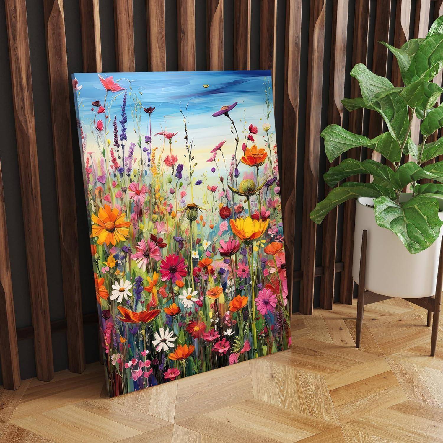 Buntes Blumengemälde einer Wildblumenwiese mit Schmetterlingen, das an einer dunklen Holzlattenenwand neben einer Topfpflanze auf einem Fischgrätenmusterboden lehnt.