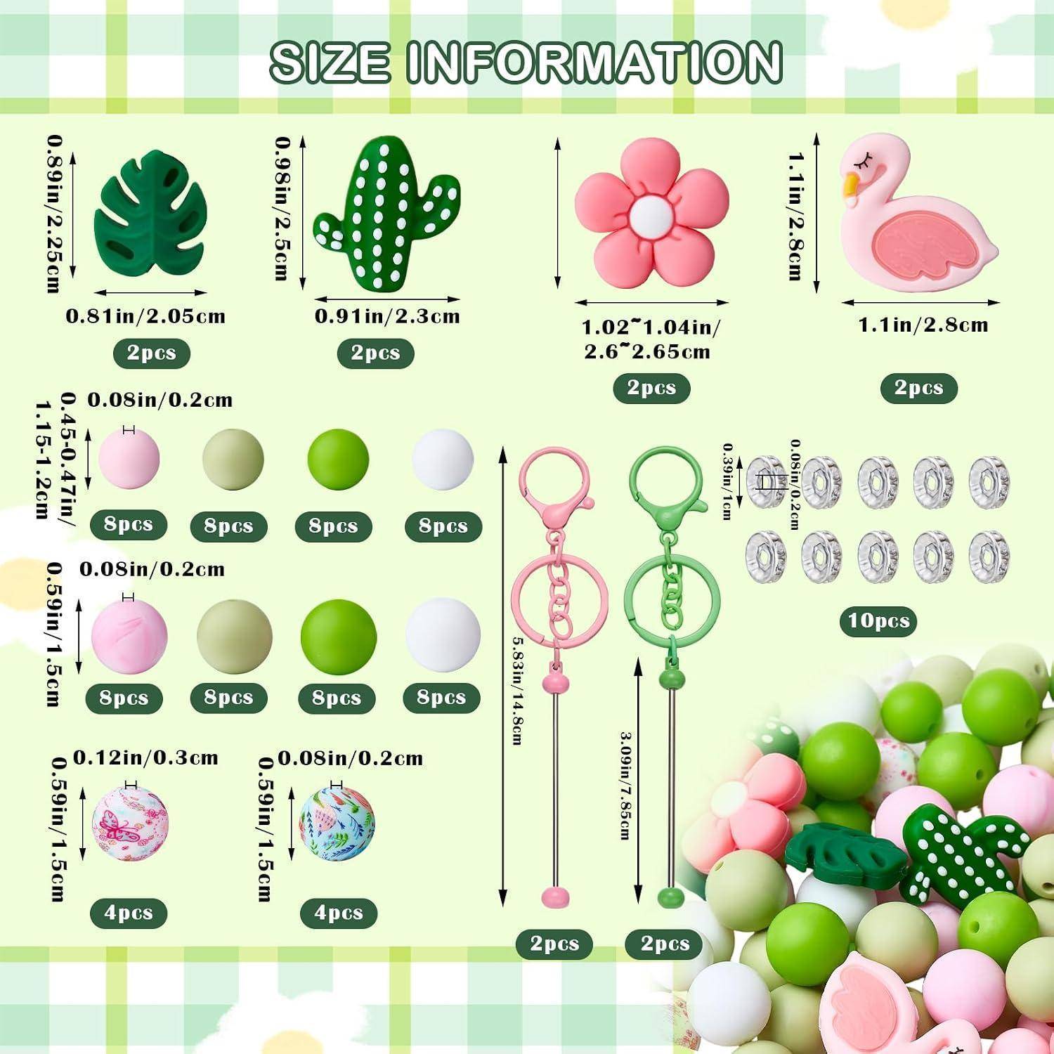 Größenangaben-Diagramm für Dekorationskugeln und Schlüsselanhänger, das Formen, Mengen und Messungen zeigt, einschließlich Blatt, Kaktus, Blume, Flamingo, Rundperlen, Lanyard-Schlüsselanhänger und Ringe.