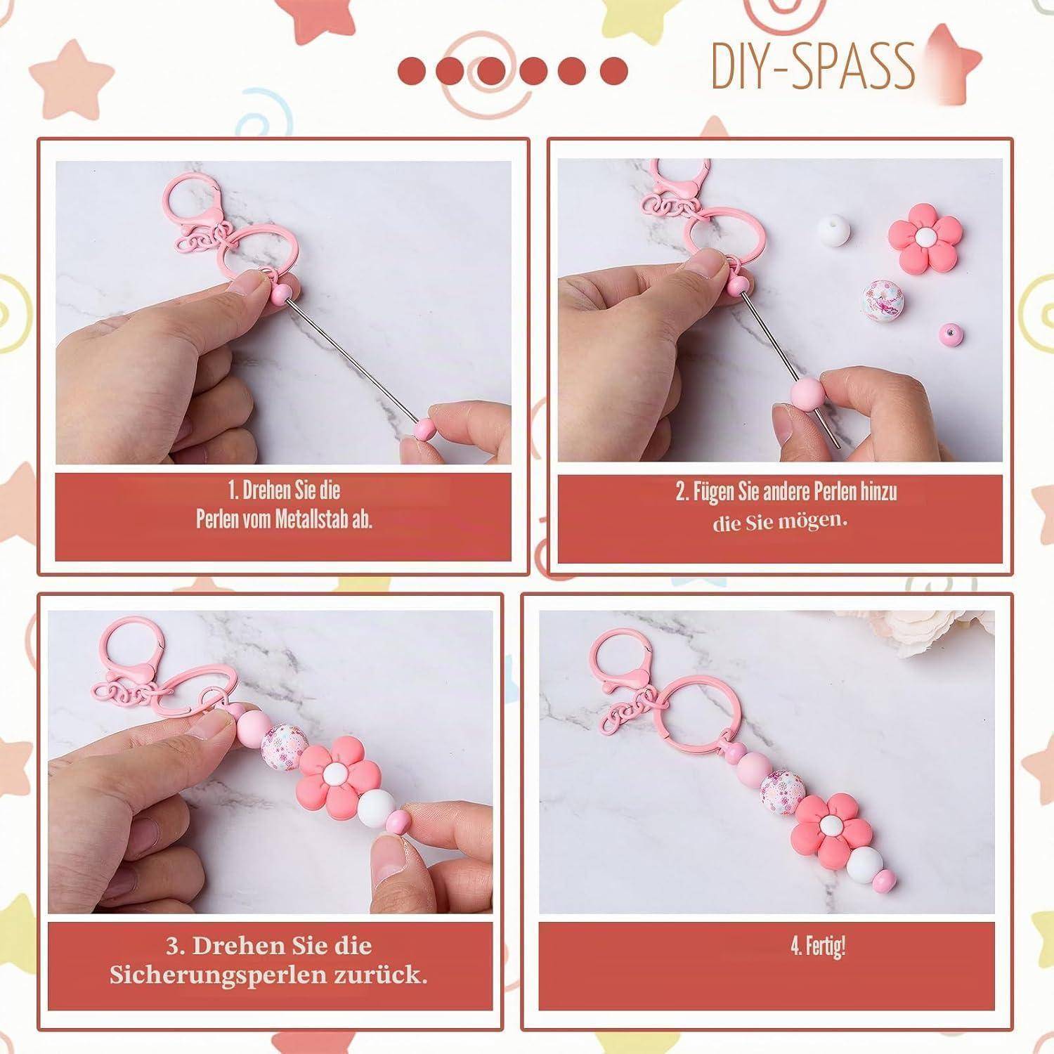 Vier-Schritte-DIY-Schlüsselanhänger-Anleitung mit Händen, die rosa Perlen von einem Metallschlüsselring entfernen und hinzufügen, dann die Perlen befestigen; Titel „DIY-SPASS".