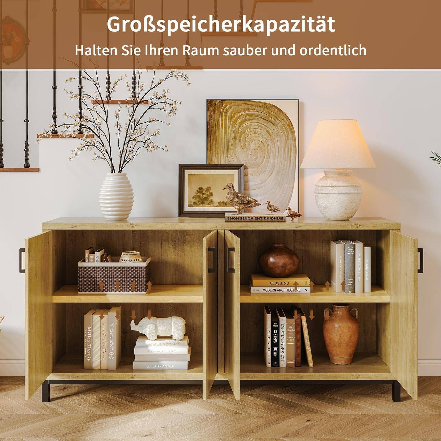 Küchenschrank mit 4 Türen, Sideboard mit großer Arbeitsfläche, Buffetschrank mit Verstellbaren Regalen und großer Arbeitsfläche, Aufbewahrungssc