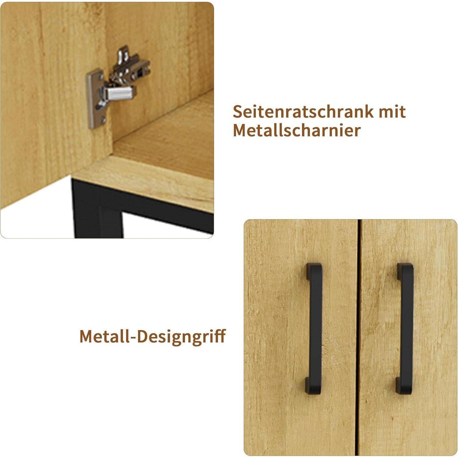 Nahaufnahme eines Holzschranks mit einem metallenen Seitenscharnier und schwarzen Metallgriffen, beschriftet auf Deutsch „Seitenratschrank mit Metallscharnier" und „Metall-Designgriff"".