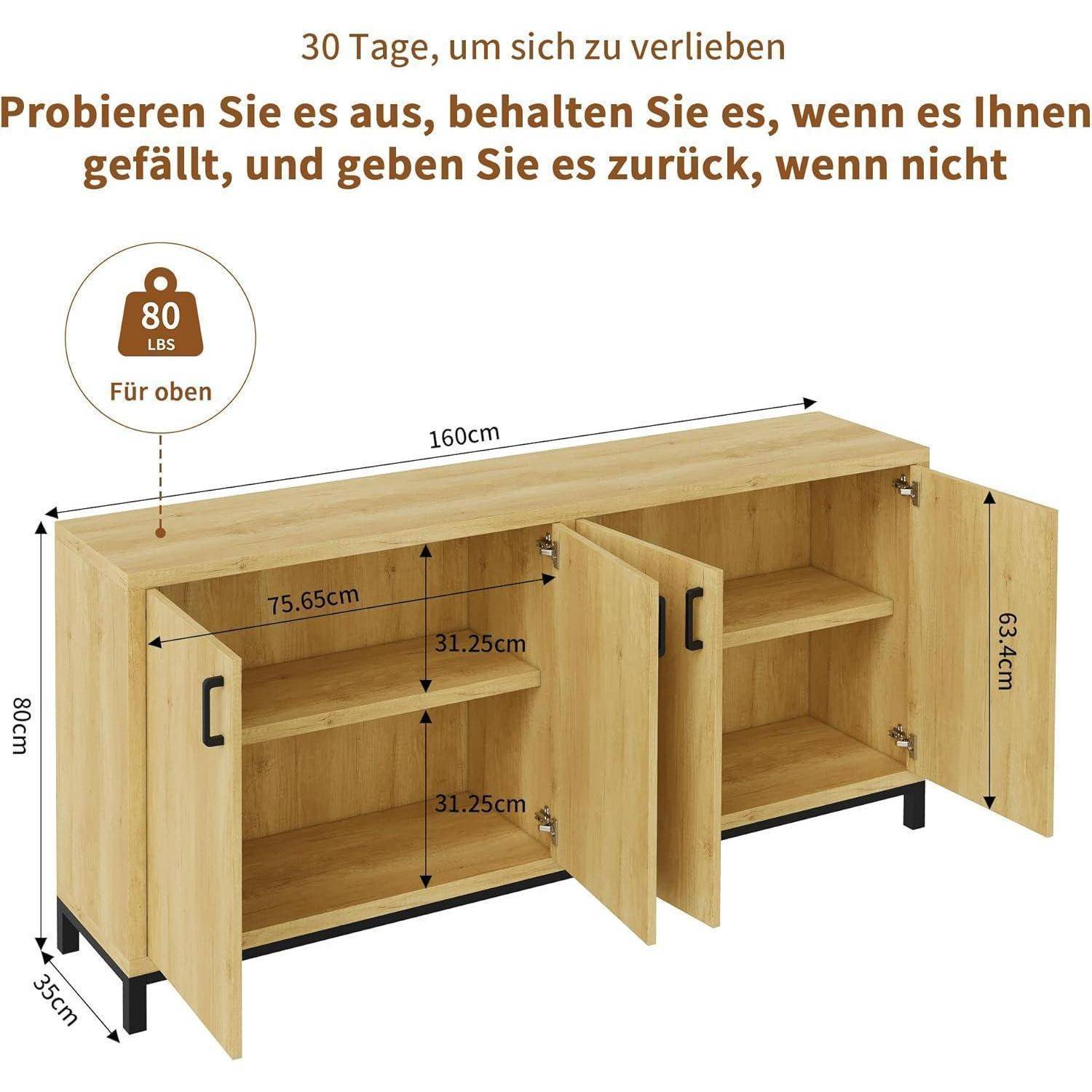 Holzkommode mit zwei Türen und offenen Regalen, gezeigt mit den Abmessungen 160 cm breit, 80 cm hoch, 35 cm tief und einer Tragfähigkeit von 80 lbs.