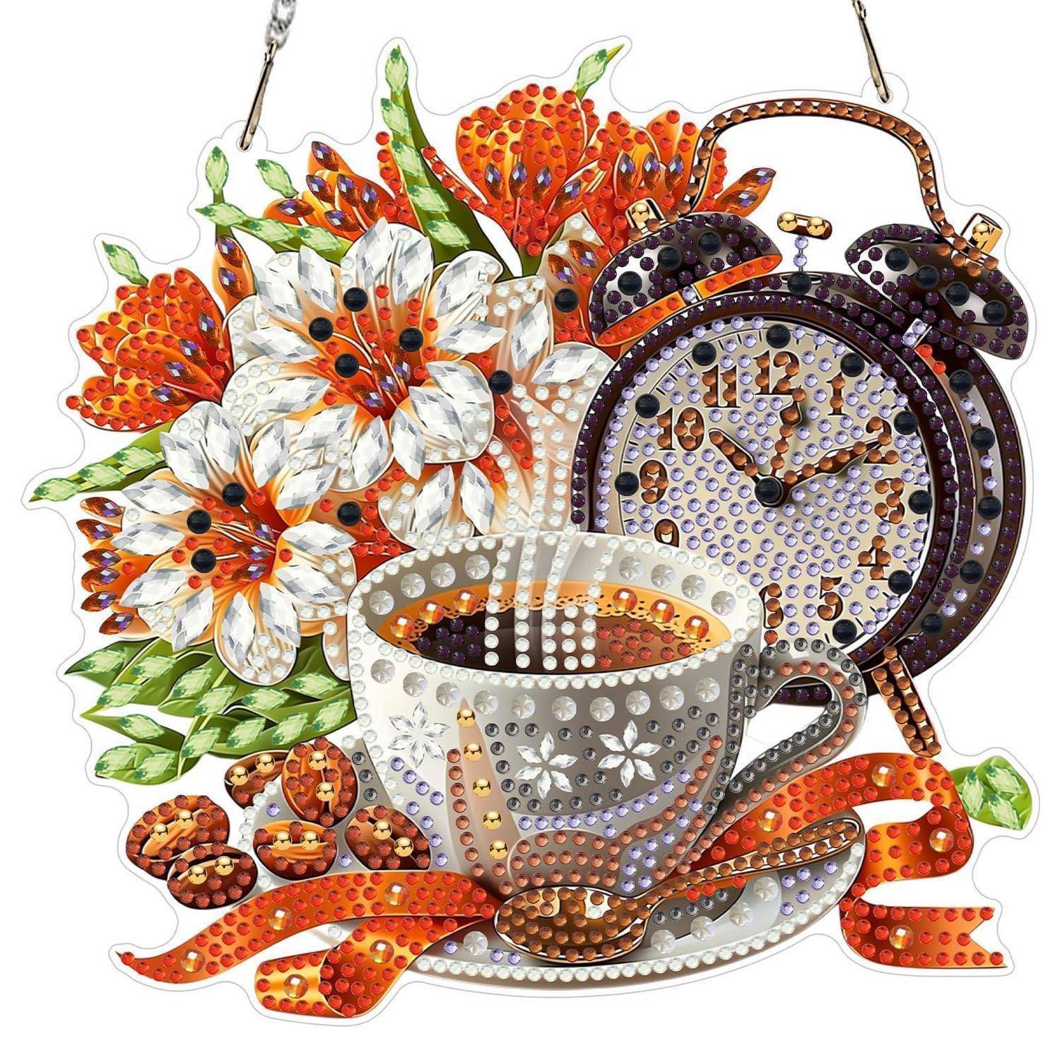 MXJSUA Orangenblumen Kaffee Diamond Painting Anhänger für Erwachsene, Diamond Painting Fensterbilder für Adults, Bastelset Kreativ Set Hängend Orn
