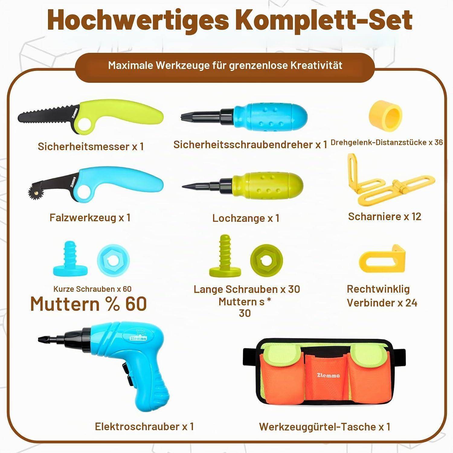 Deutsches Infografik-Werkzeugsatz mit bildlich dargestellten Gegenständen und Mengen: Sicherheitsmesser, Schraubendreher, Klappmesser, Zangenhammer, Scharniere, kurze und lange Schrauben, Muttern, Winkelverbinder, Elektroschrauber und Werkzeuggürtel-Tasche.