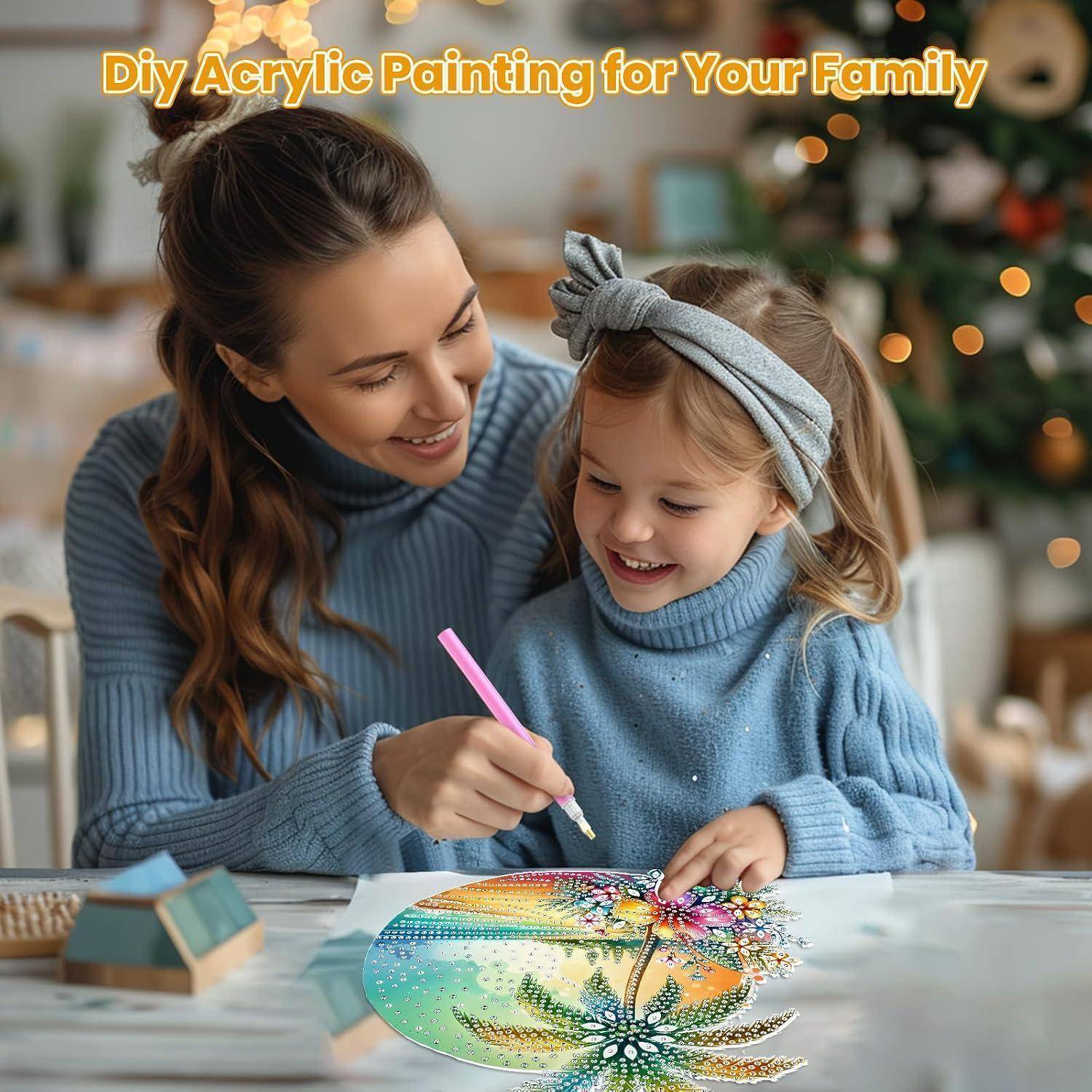 Mutter und kleine Tochter malen gemeinsam ein buntes Blumenmotiv an einem Tisch, mit dem Text „DIY-Acrylmalerei für Ihre Familie