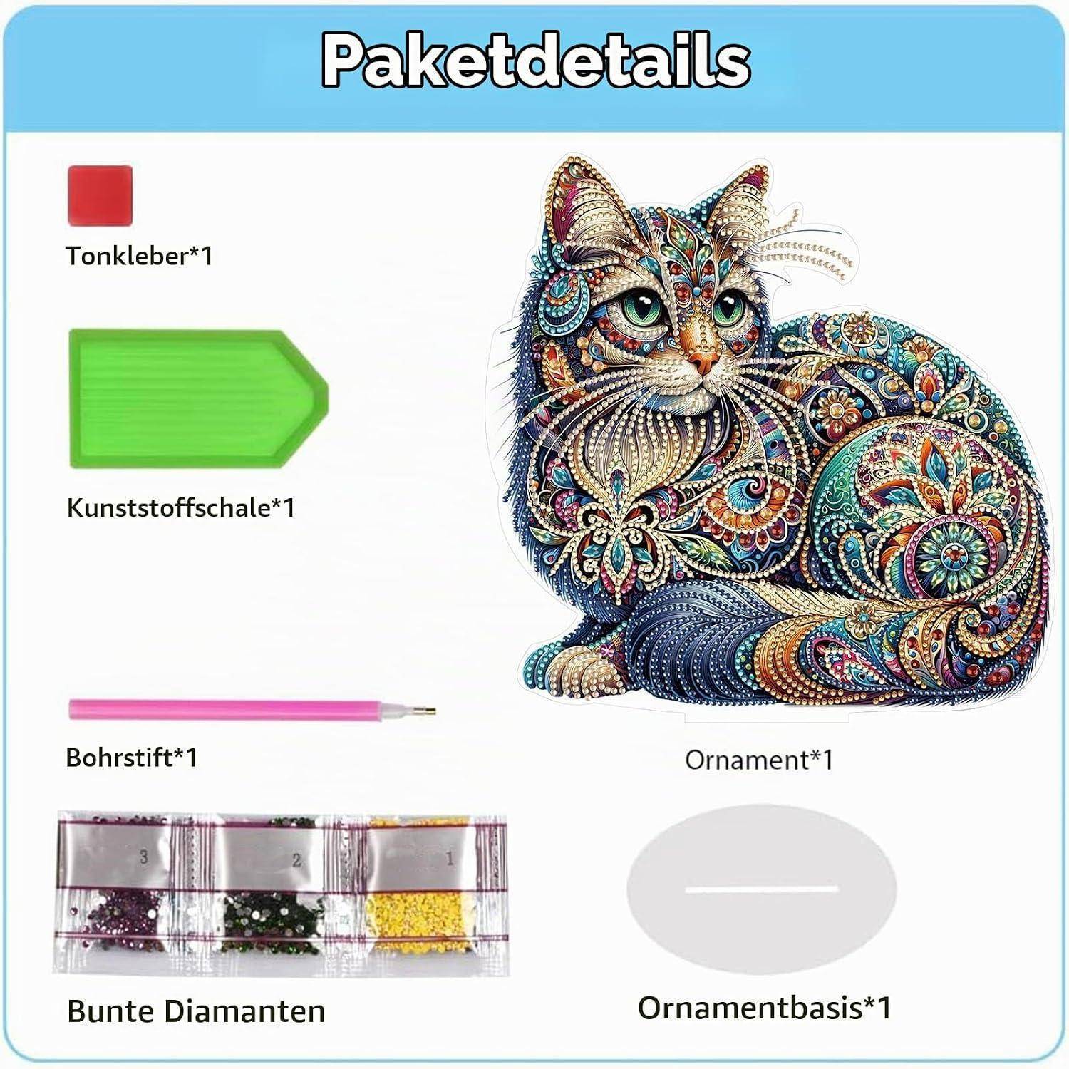 Paketdetails für ein Katzenschmuck-Set: rotes Quadrat, grünes Kunststoff-Tablett, Bohrerstift, gemischte Diamanten und eine Schmuckbasis, mit illustrierter Katzendarstellung.