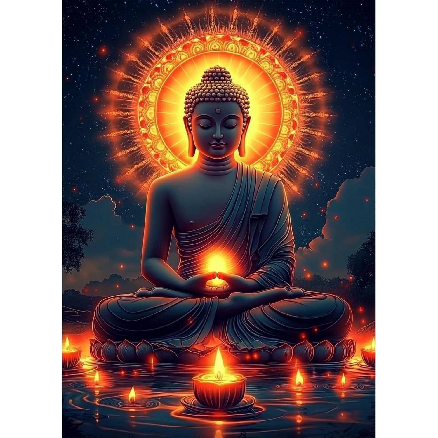 Buddha meditiert nachts auf einer Lotusblüte und hält ein leuchtendes Licht; ein strahlendes Heiligenschein und schwebende Lampen spiegeln sich im Wasser.