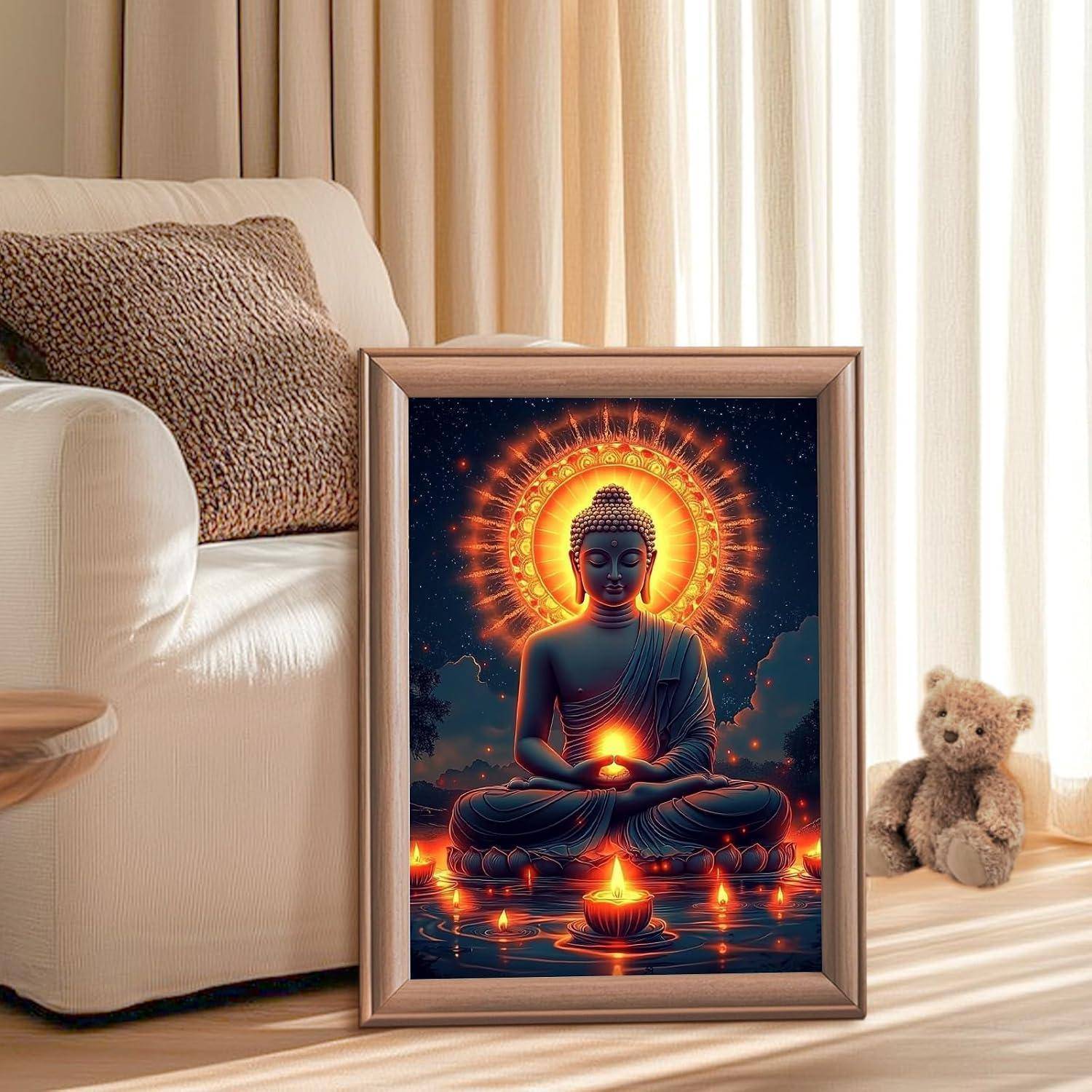 Gerahmtes Kunstwerk eines leuchtenden Buddha, der nachts meditiert, mit Kerzen, gelehnt an einem Stuhl neben einem Teddybär in einem gemütlichen Zimmer.