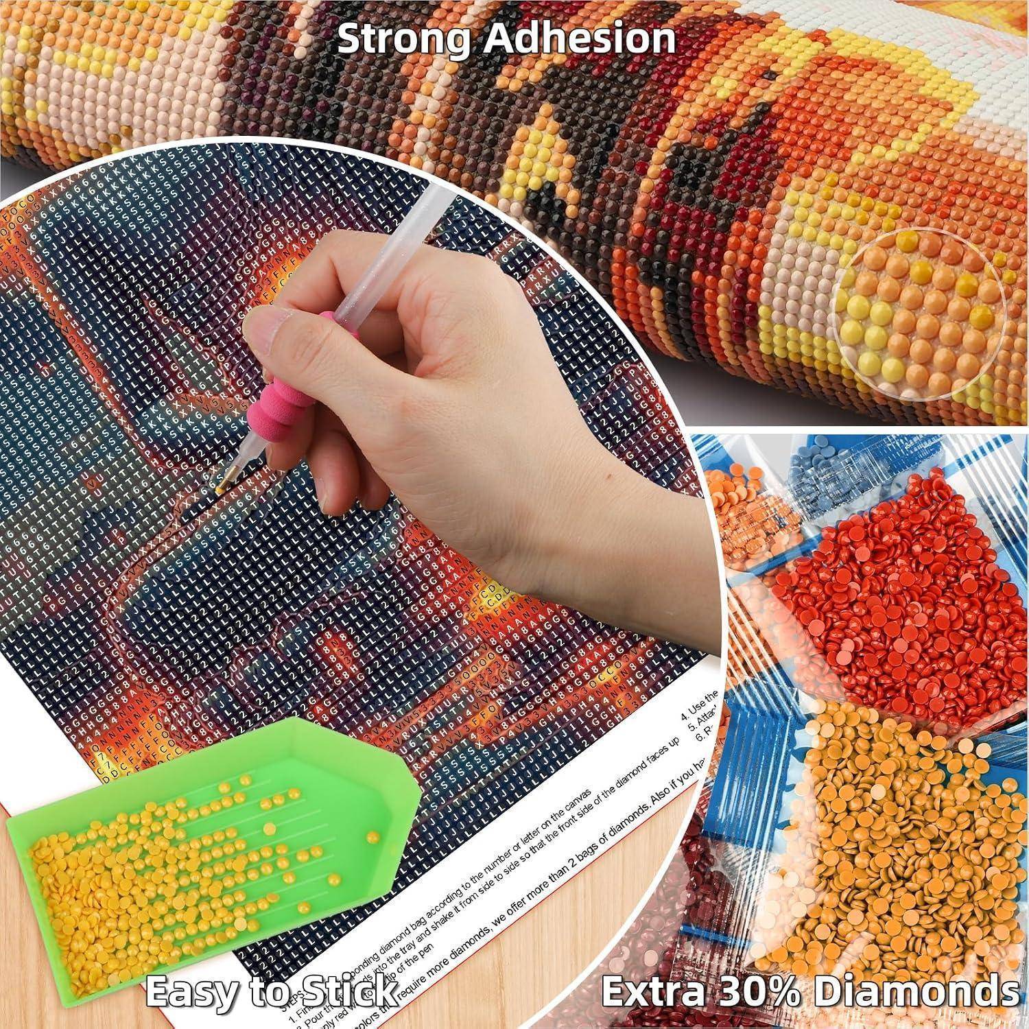 Hand, die kleine Diamanten auf eine gemusterte Leinwand platziert, zeigt starke Haftung, einfaches Kleben und zusätzliche 30% Diamanten in einem Diamond-Painting-Set.