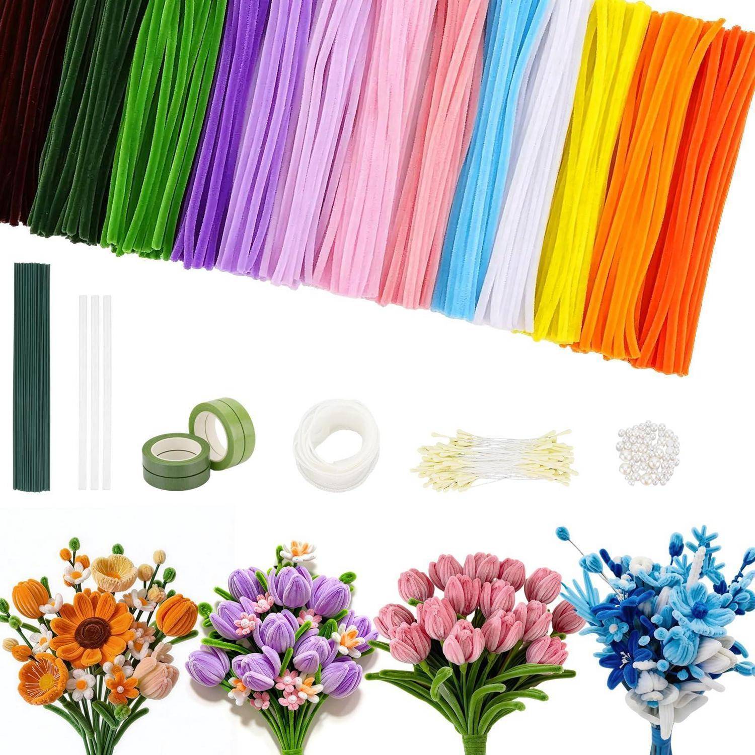 Sortierte Blumenbastelmaterialien: farbige Papierstreifen, Blumendraht, Klebeband, Schnur und dekorative künstliche Blumenbündel in Orange, Lila, Rosa und Blau.
