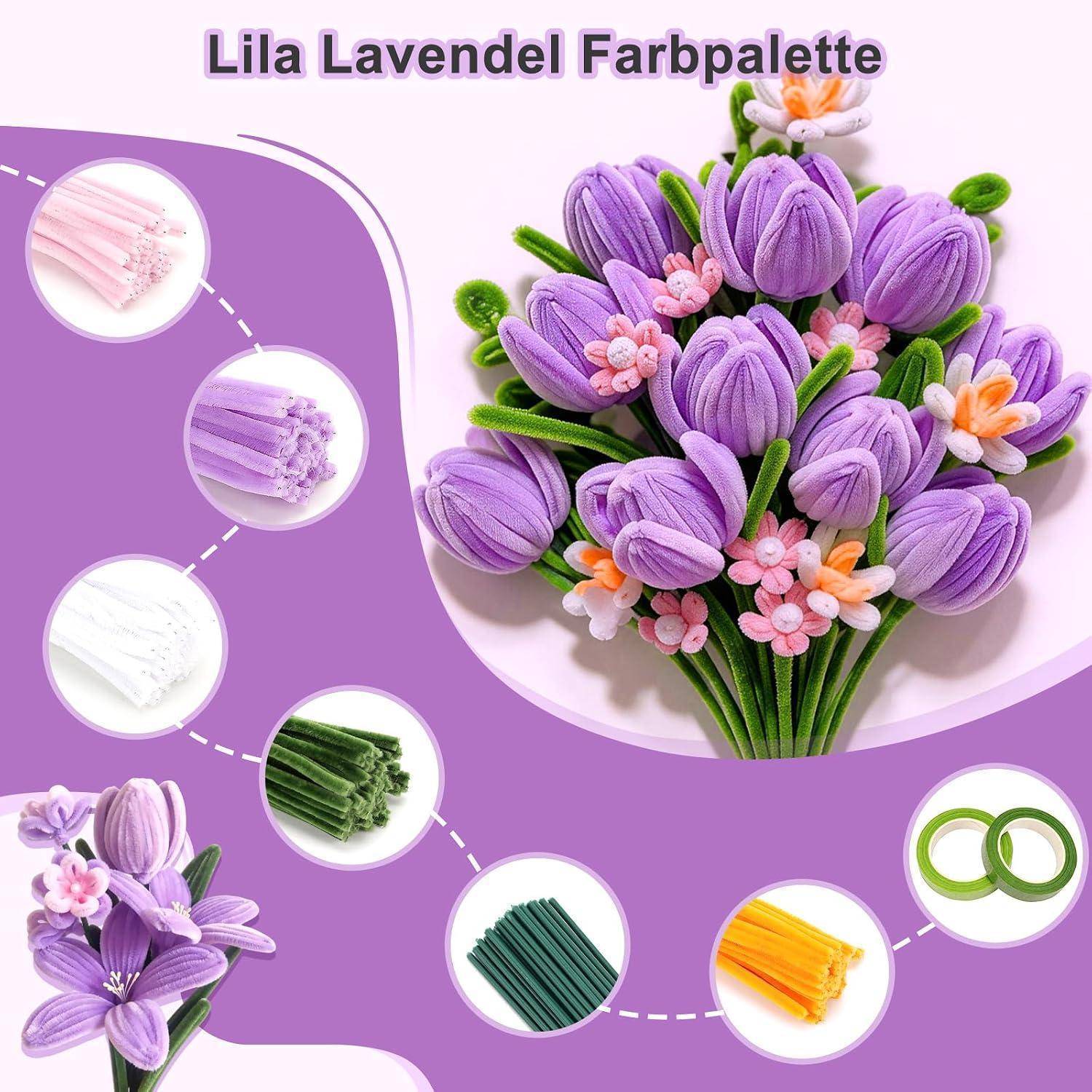 800 Stück Pfeifenreiniger Blumen Set, 13 Farben Pfeifenputzer zum Basteln | Mit 50 Stück Blumenstiele, Geschenkband & Klebeband, Ideal zu Valentinst